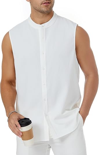 YAMANMAN Mens Button-Down Sleeveless Shirt Round Neck