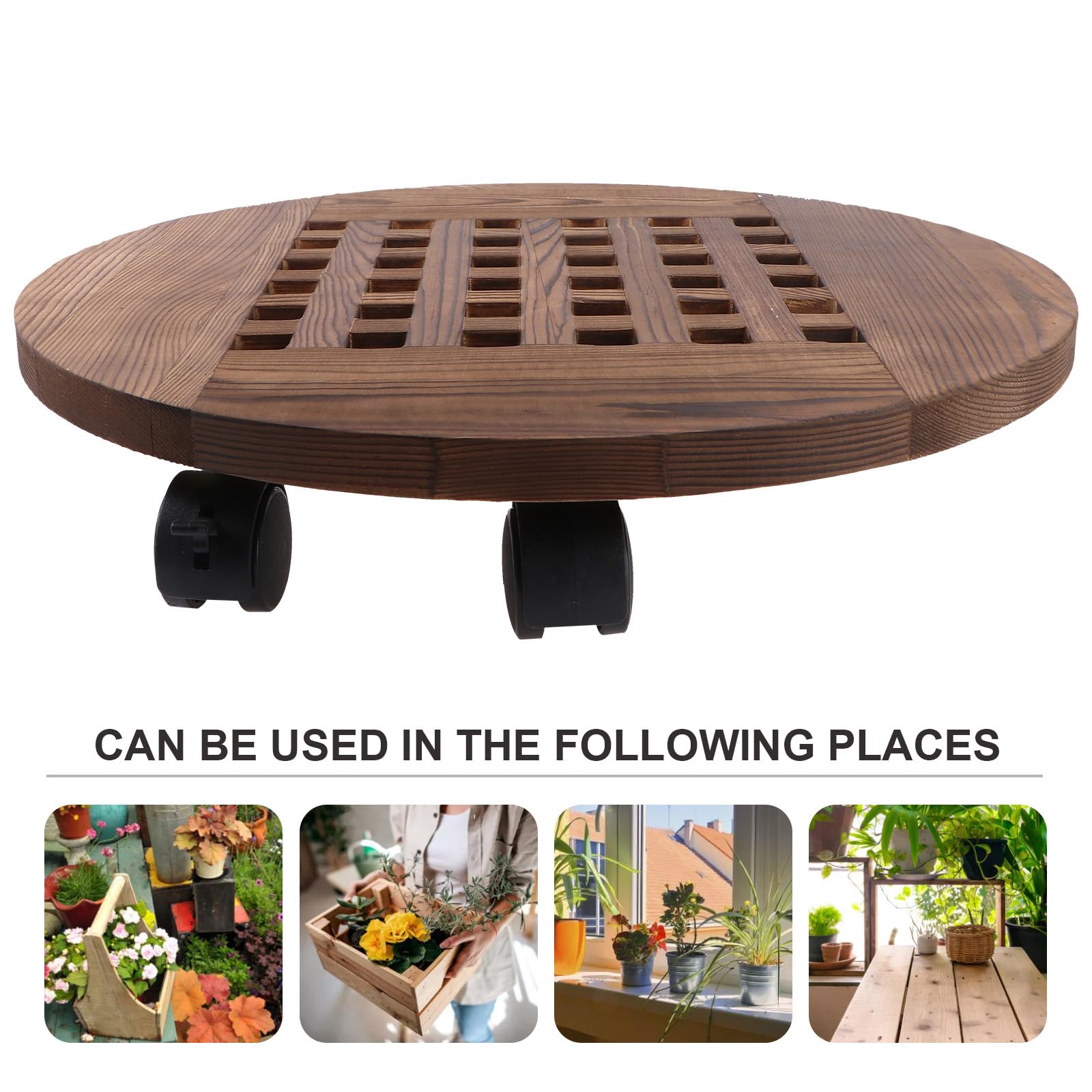 Bandeja Redonda de Madera Maciza para Macetas Grandes 40 Cm Ruedas Giratorias Base Móvil para Plantas Interior y Exterior Soporte Jardinera Macetero