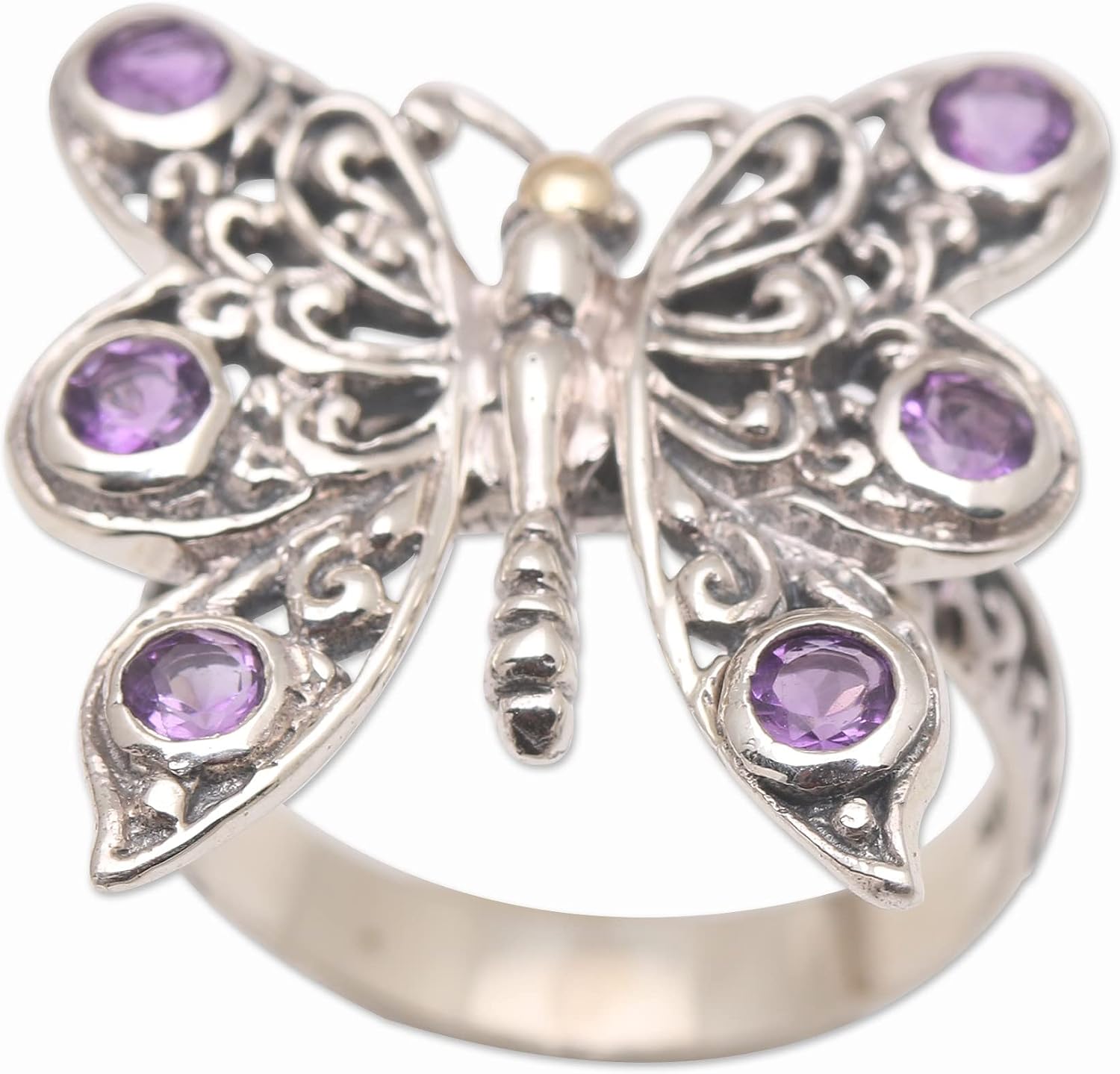 NOVICA Artisan Handmade Amethyst Cocktail Ring .925 Sterling Silver Butterfly Indonesia Animal Themed Gemstone Birthstone Bug Butterflybutterfly 'Purple Monarch'