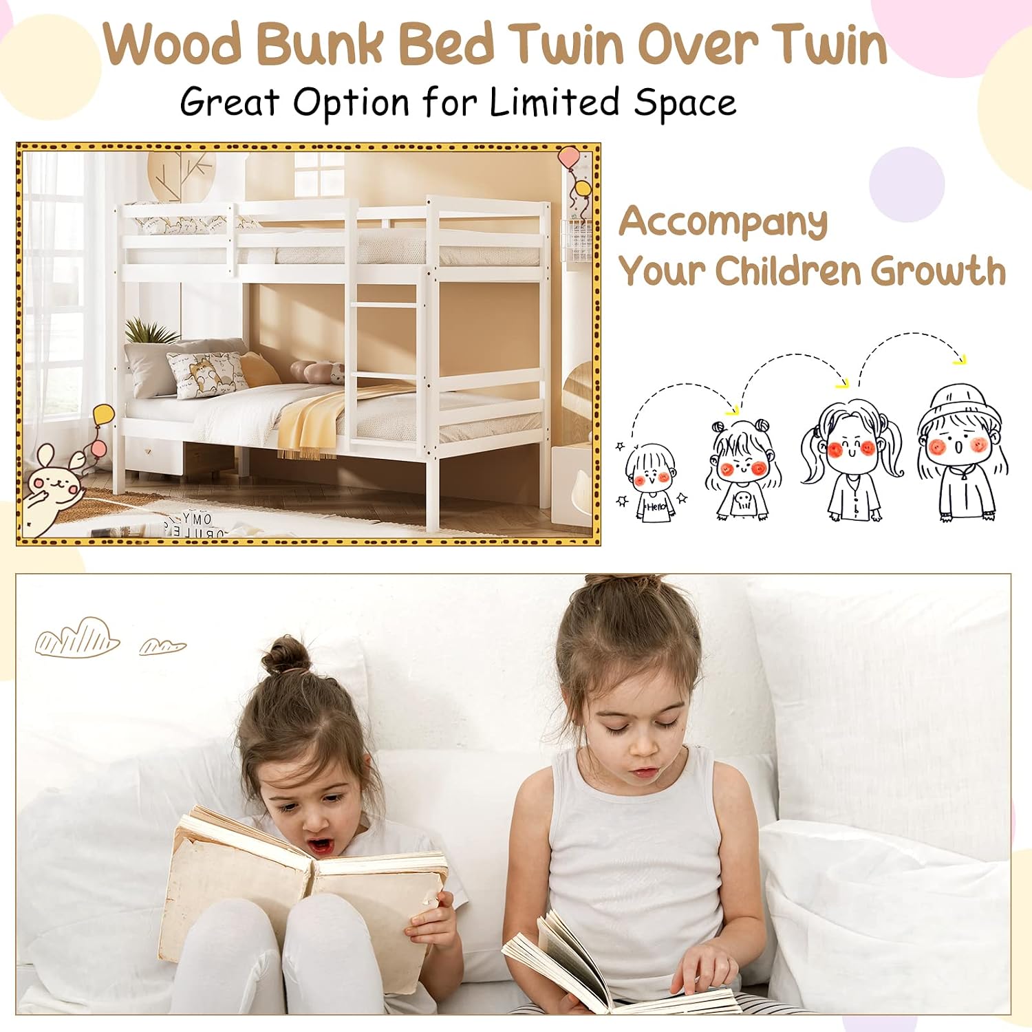 Twin Over Twin Bunk Bed, Space Saving Wood Bed Frame w/Under Bed Storage, Ladder & Guardrail, Dorm & Multichild Family, Modern Bunk Bed for Kids, Teens, Sleepovers, Adults (White)