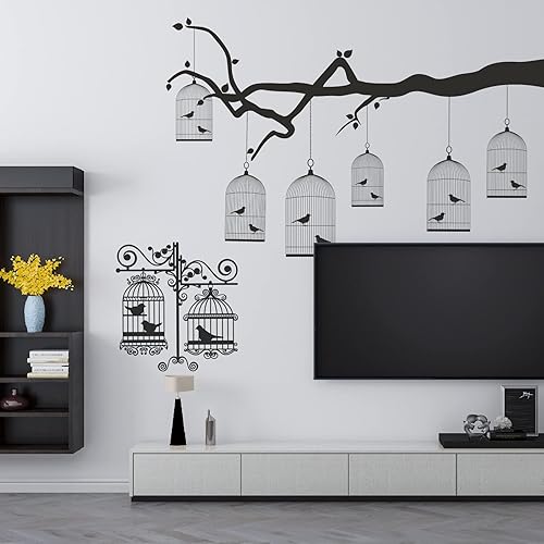 Miniatura 1 de Jaulas de pájaros en rama de árbol calcomanías de pared de bricolaje extraíbles de arte creativo para sala de estar dormitorio oficina sofá TV