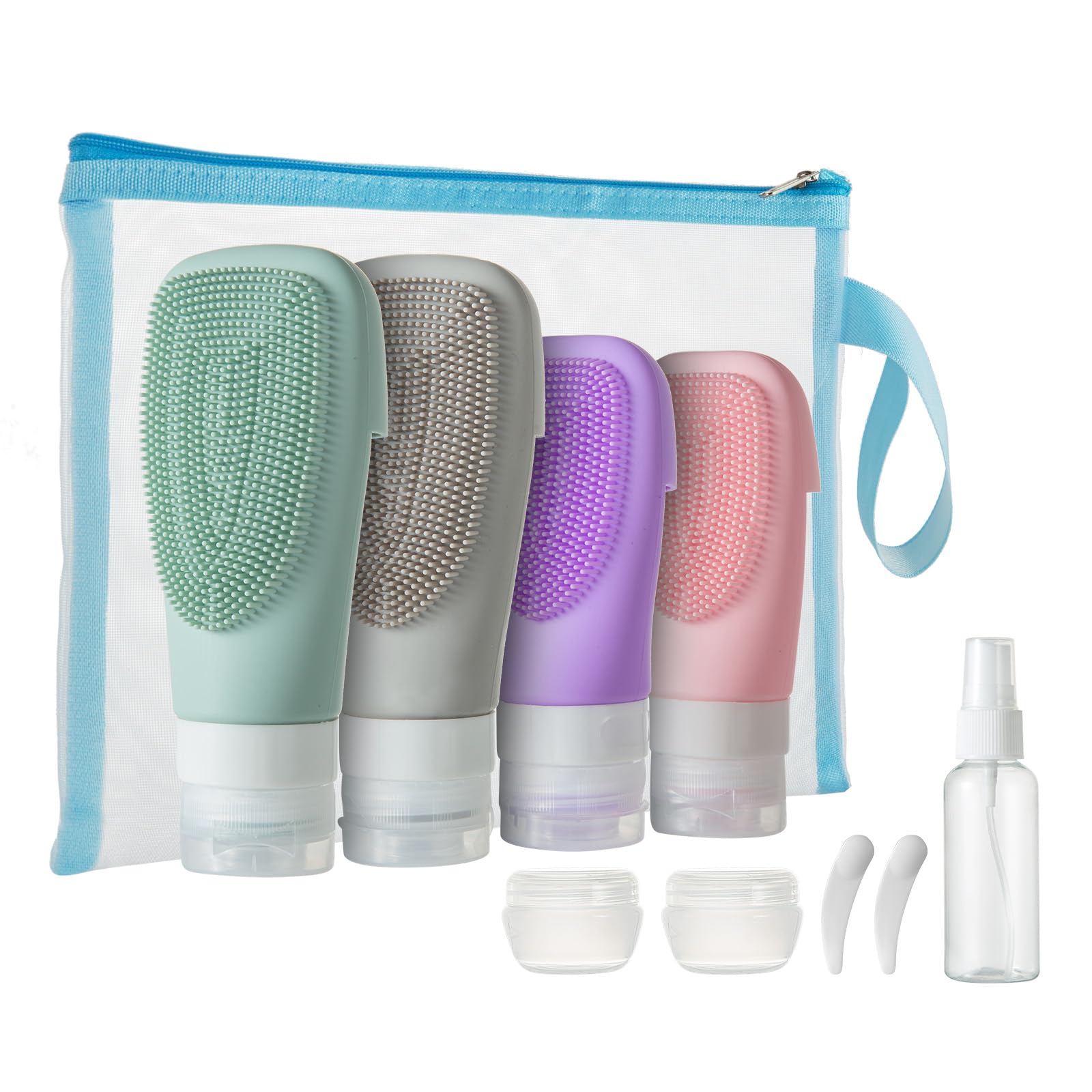 Reiseflaschen-Set, Silikon-Reiseflaschen, auslaufsicher, quetschbar, nachfüllbar, Zubehör, 60 ml, für Toilettenartikel für Shampoo, einfach zu drücken, tragbare Reiseutensilien mit Gesichtsbürste, 11