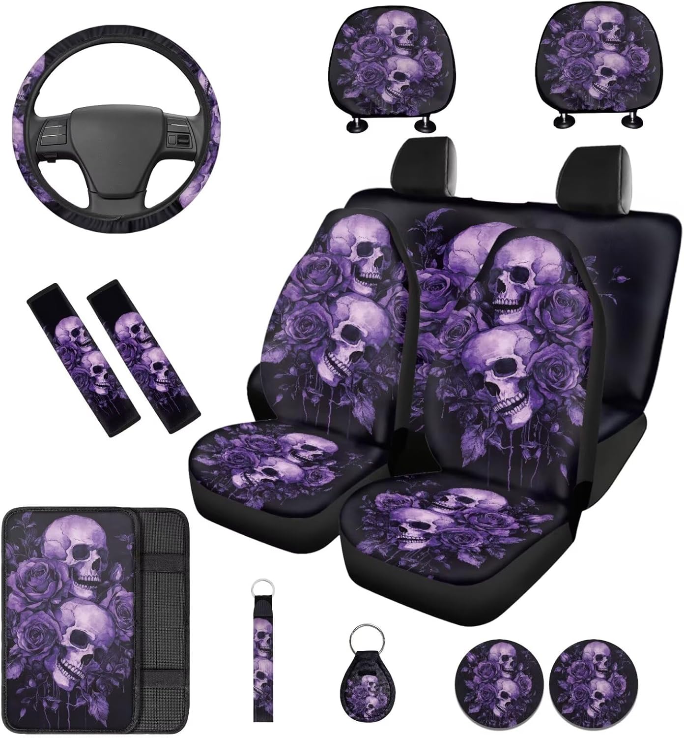 Bulopur Skull and Purple Rose Auto Seat Covers Full Set with Steering Wheel Cover Headrest Covers Armrest Cushion Seat Belt Pads Automotive Interior Accessories Set 14 PCS