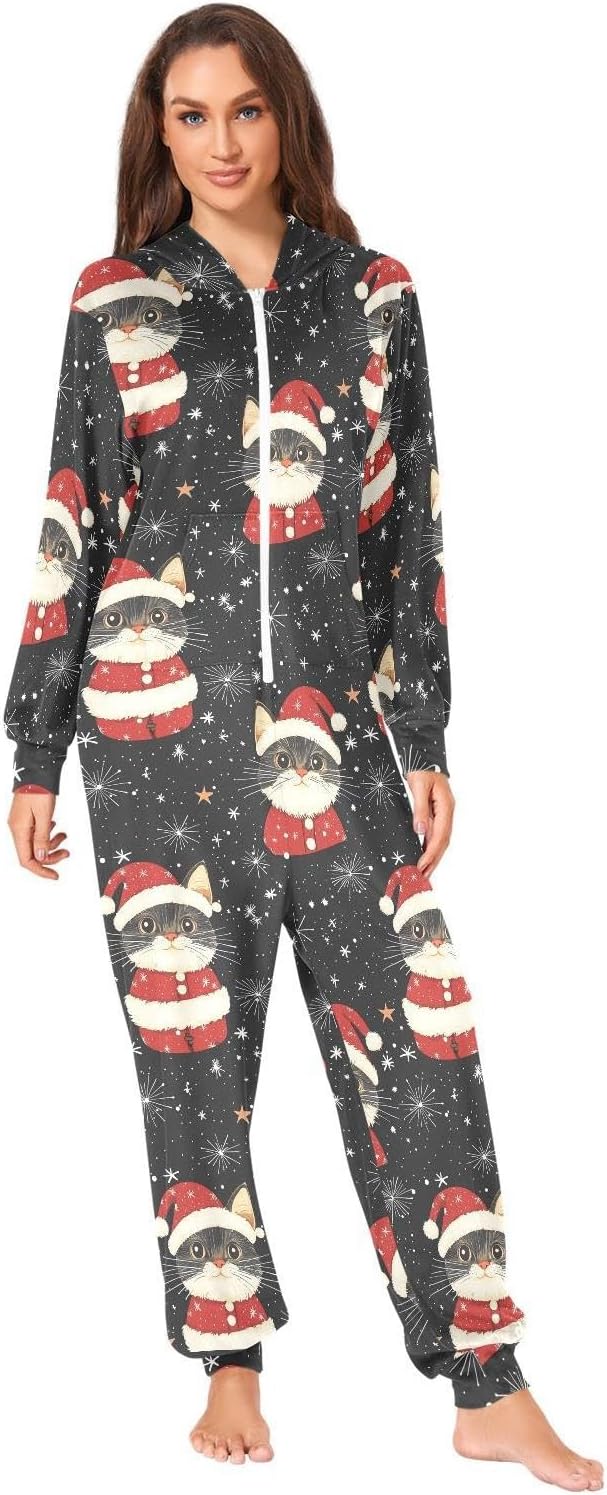 ZZKKO Christmas Cat and Snowflake Adult Onesie Pajamas for Women Men Cozy One Piece Pajamas Costume Zip-Up Hooded S-XL