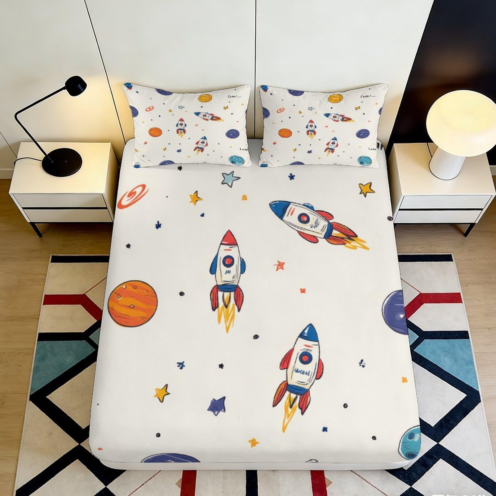 3D Printed Rocket Space Fitted Sheet Microfiber Breathable Planet Bed Cover for Bedroom Dorm Decorative Protection 90x200x25cm
