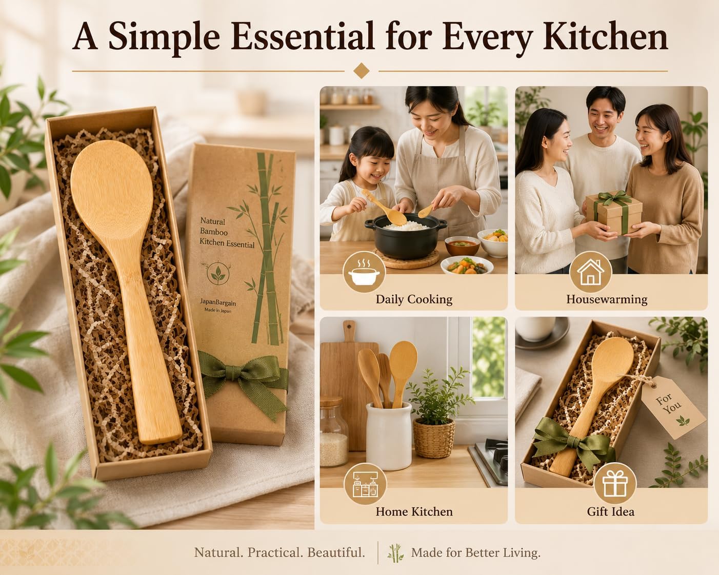 JapanBargain 3669, Rice Spoon Rice Paddle Bamboo Rice Scoop Cooking Spatula for Non Stick Cookware
