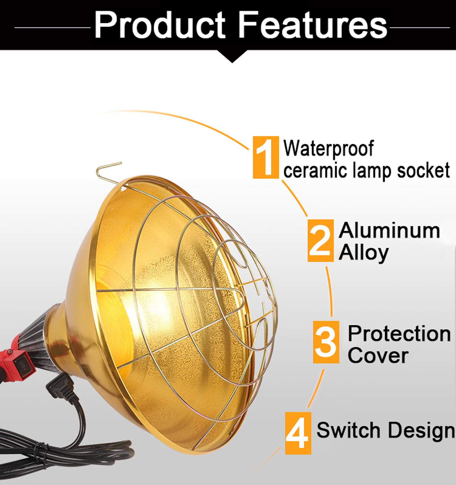 Lámpara Infrarrojos Calentadora Animales, Lámpara de Calor para Cachorro Pollito, Temperatura Regulable, Lámpara de Incubadora de Calor, Pantalla de Aluminio + 250w Bombillas