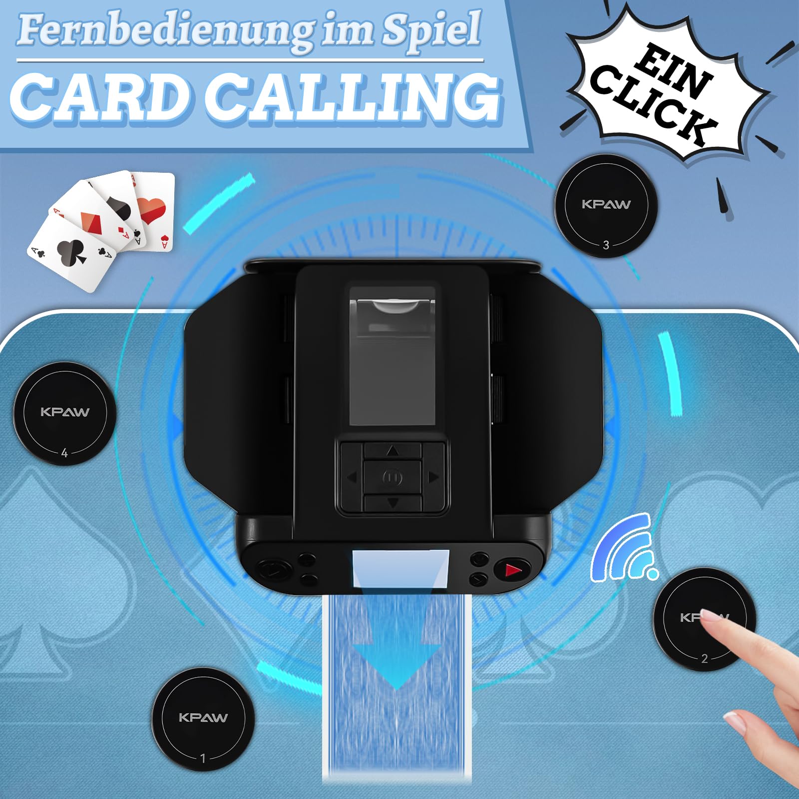 Kartenmischmaschine Elektrische, 2 in 1 Automatische Kartenmischer und Kartensender, um 360° Drehbarer Kartengeber mit 4 Kabellosen Kartengebertasten,Kartenmischgerät für UNO Kartenspiel,Poker,Skip bo