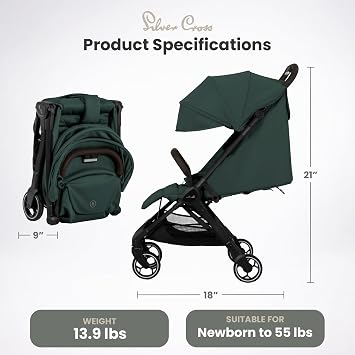 Silver Cross Clic Compact Travel Stroller (Conifer) Lightweight Baby Stroller for Airplane Travel One-Hand Fold, Lie-Flat Infant & Toddler Seat Birth to 55 lb