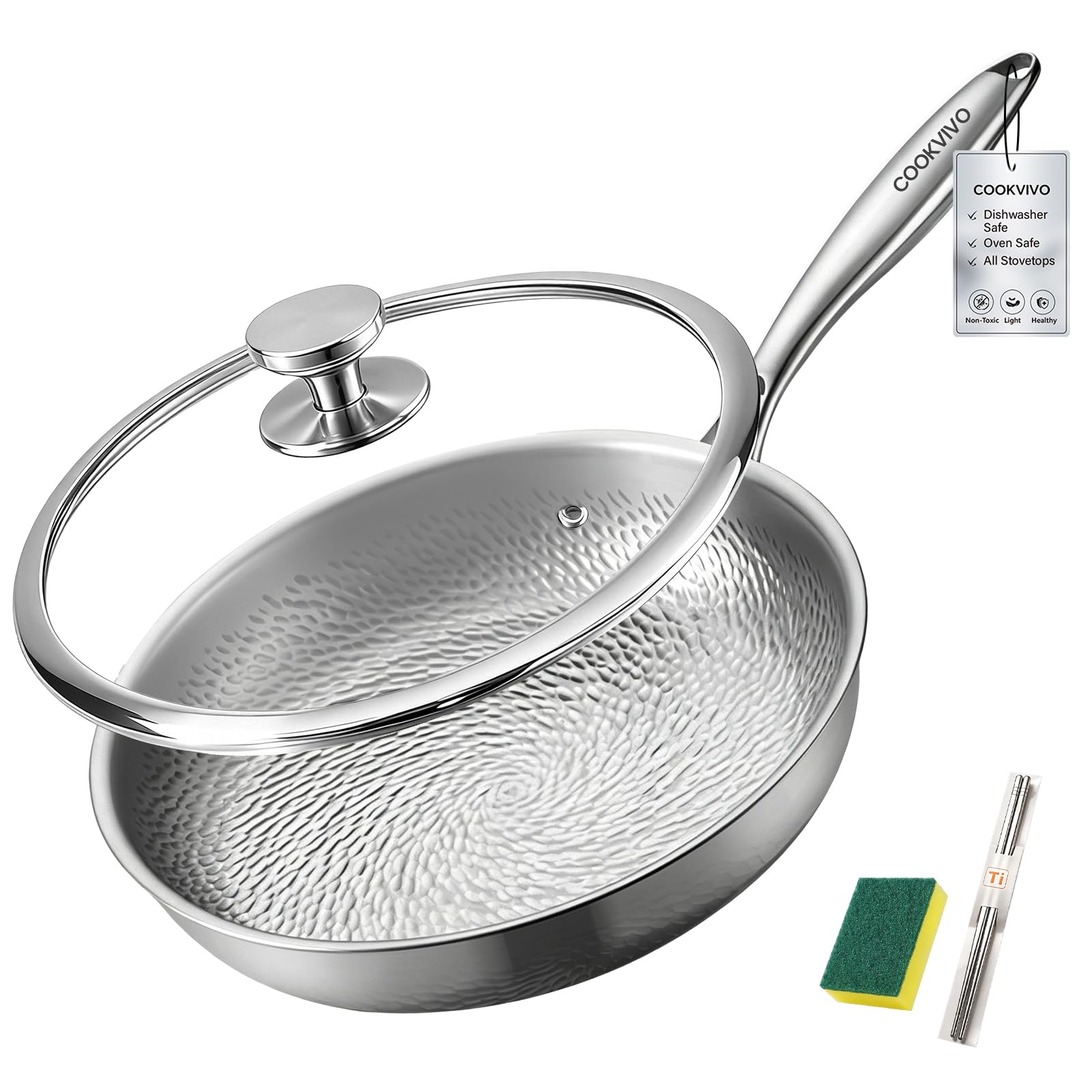 Photo 1 of COOKVIVO 12 Inch Titanium Frying Pan with Lid, Pure Titanium Hammered Pro Skillet, No Coating Non-Stick, PFAS/PFOA/PTFE Free, Healthy Non Toxic Cookware, Induction, Oven/Dishwasher Safe, 750°F