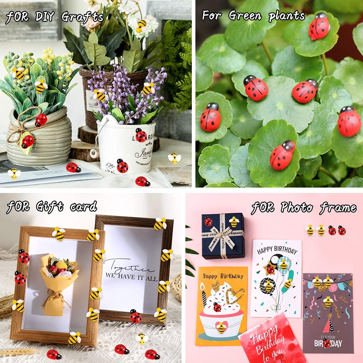 Abejas de Madera y Mariquitas de Madera,100 PCS Mini Mariquitas Decorativas+ 100 PCS Adornos de Madera Autoadhesivas de Mariquitas para Manualidades Boda Decoración Suministros para Fiestas