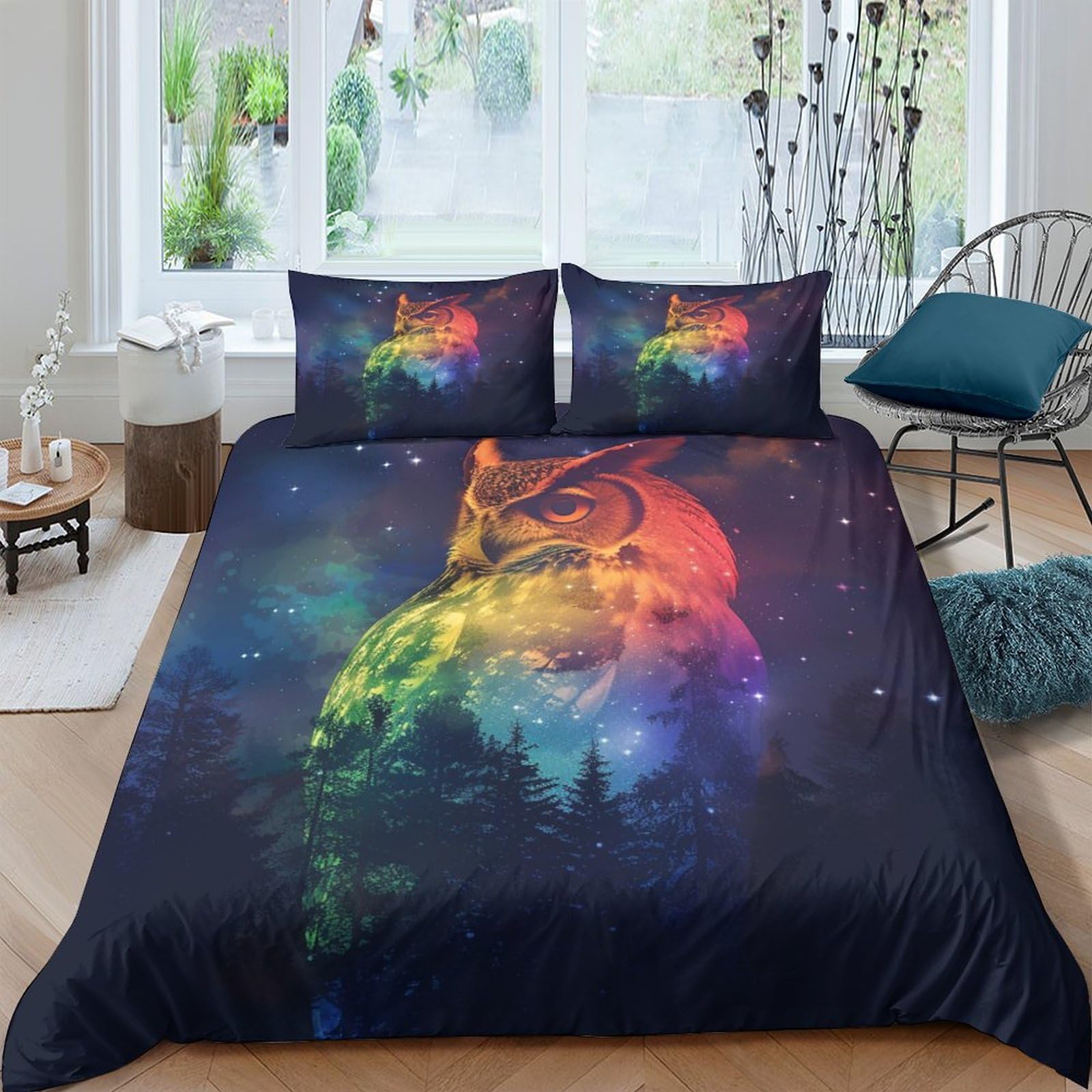 Housse de couette Chouette parure de lit 200x200 sauvage linge de lit microfibre enfant double taie