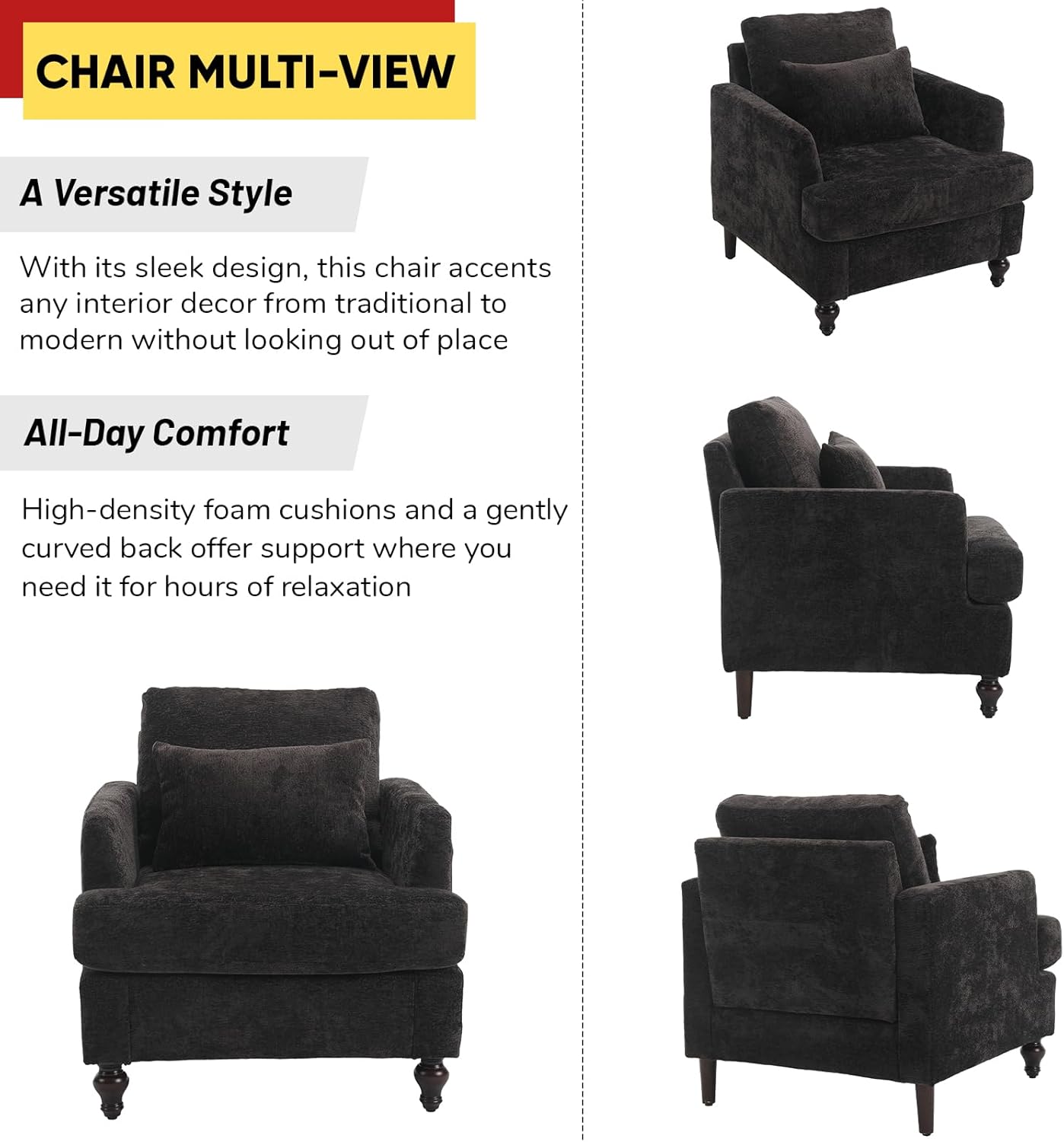 JOYBASE Accent Chair Single Sofa Chair Mid-Century Modern Upholstered Armchair Reading Club Chair for Living Room, Office, Bedroom (Black, Chenille)