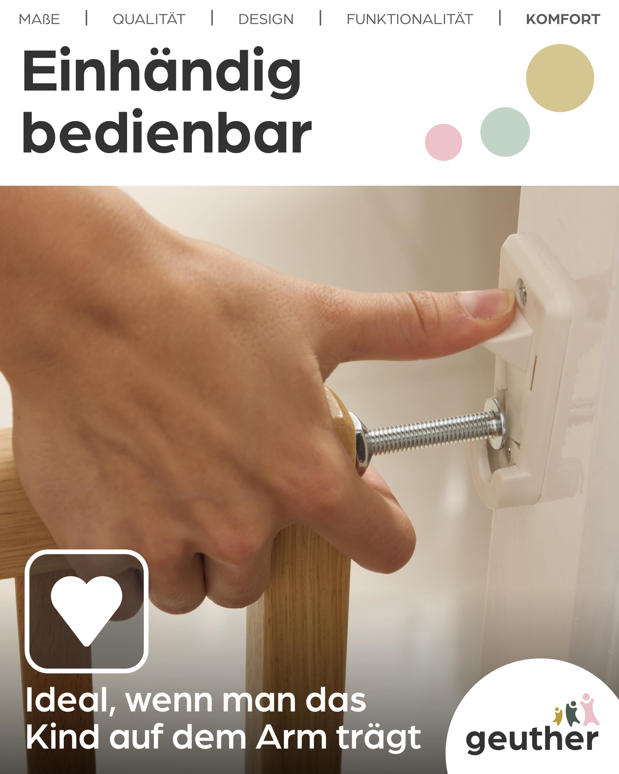 Geuther Türschutzgitter Holz 63-103,5 cm, Weiß I Treppenschutzgitter zum Bohren I Extra hohes Babygitter, Sicherheitsgitter für Treppe & Tür I Als Hundegitter Wohnung & Kinderschutzgitter