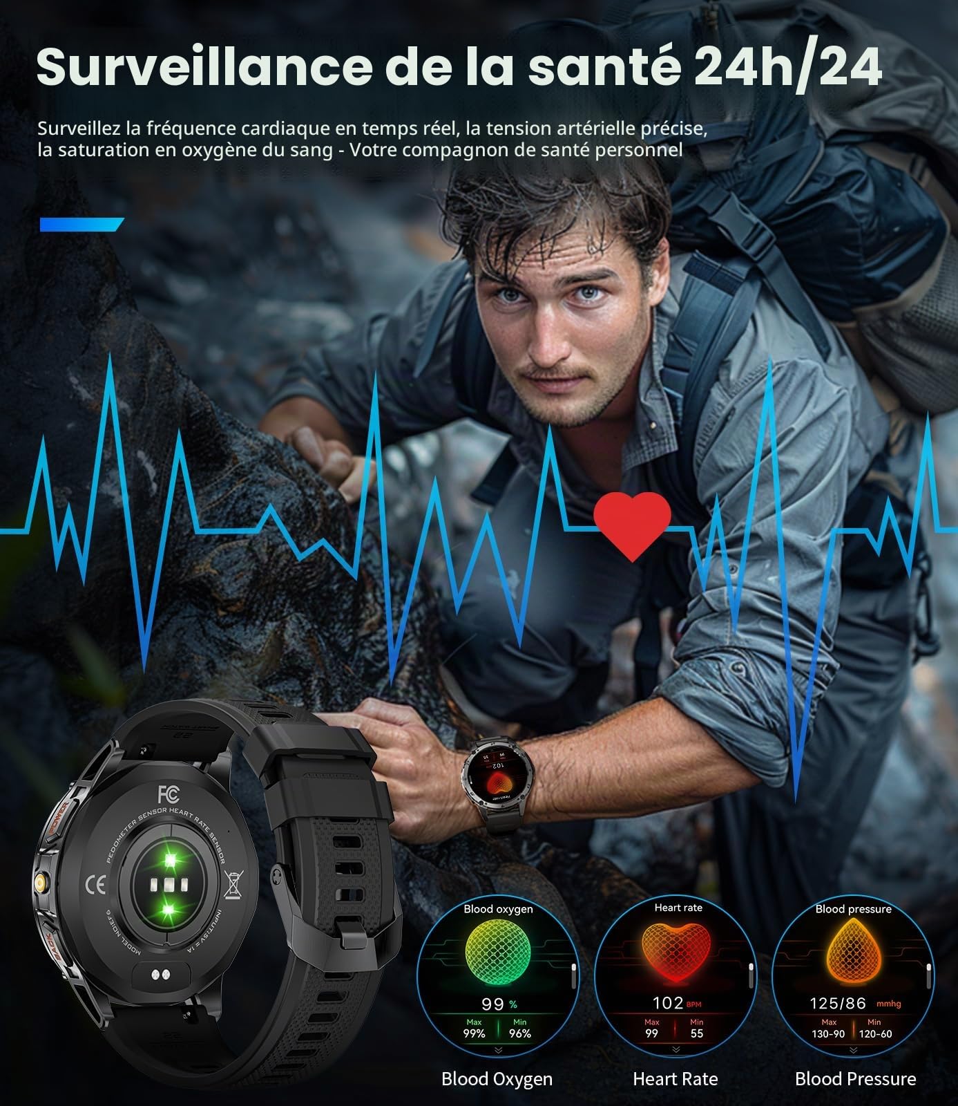 Montre Connectée Homme, Appels Bluetooth, 1,43" AMOLED Écran, Lampe Torche, 110+ Modes Sportifs, Montre de Fitness/Fréquence Cardiaque/Sommeil, IP68, Compatible Android et iOS, Noire