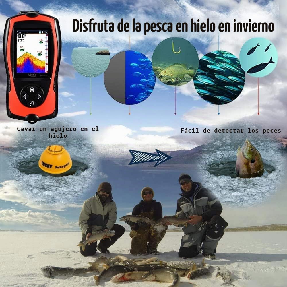 LUCKY Buscador de Peces Portátil con Sensor Sonda Transductor Pantalla LCD Ecosonda para Pesca en Hielo y Mar
