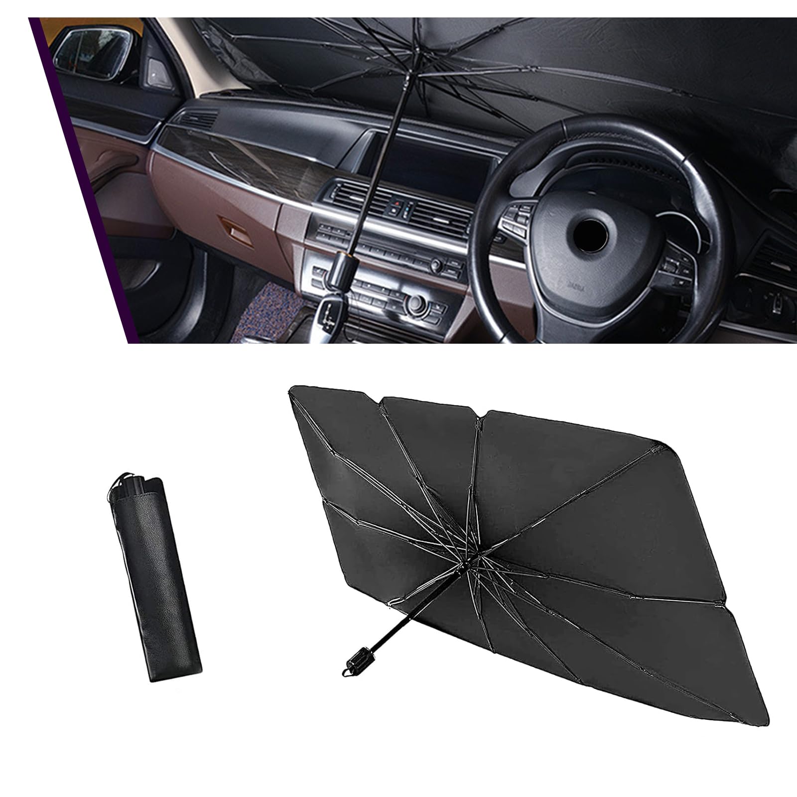 Pack-1 Car 31" x 55" Windshield Sun Shade, Keep Vehicle Cool Reflective Heat Shield, Foldable Stabilizing Umbrella Rib Support, Universal Dashboard UV Protection Accessory for Cars (Silver)