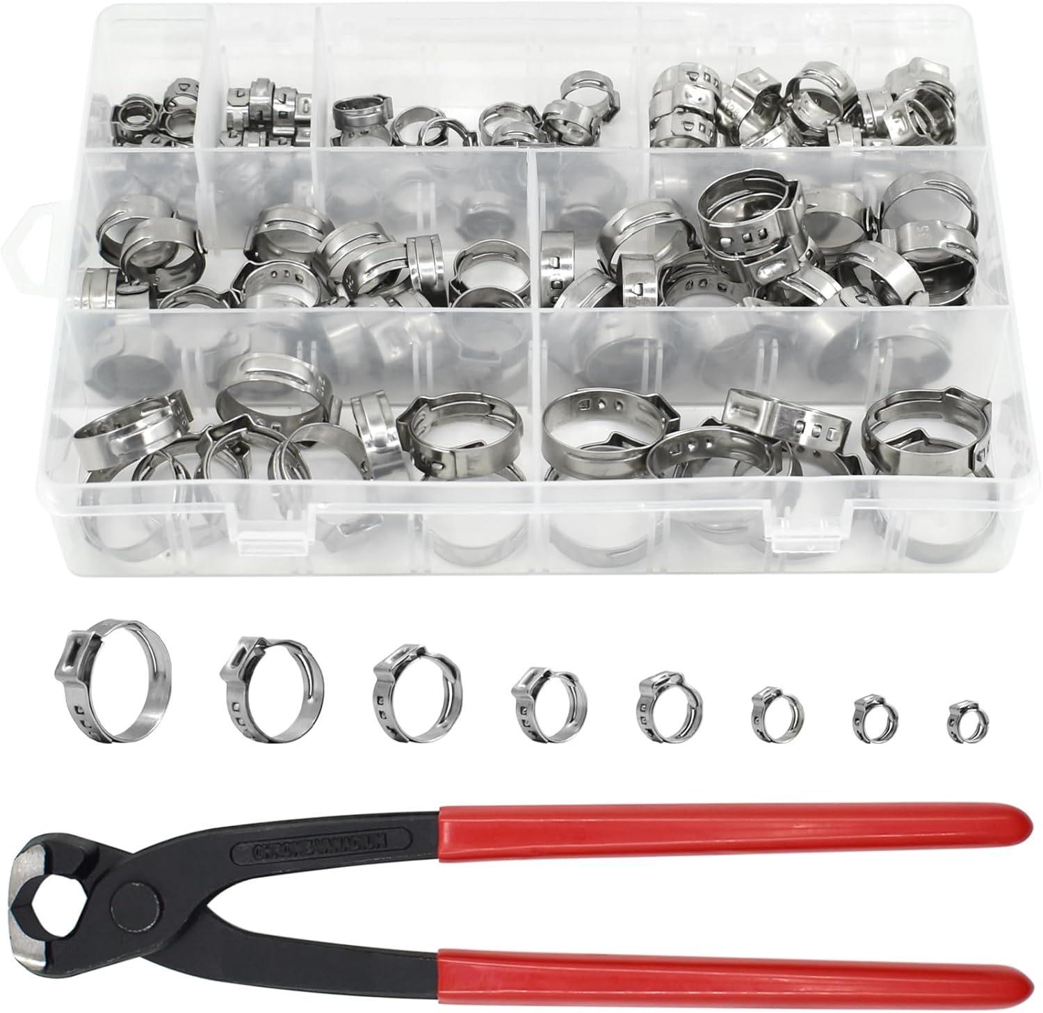 130pcs Heavy Duty PEX clamp Assortment Kit with Pliers, Stainless Steel Single Ear Hose Clamps 1/4"- 0.92"(6-23.5mm), PEX Cinch Crimp Rings Pinch Clamps for Water Pipe, Plumbing and Automotive Use
