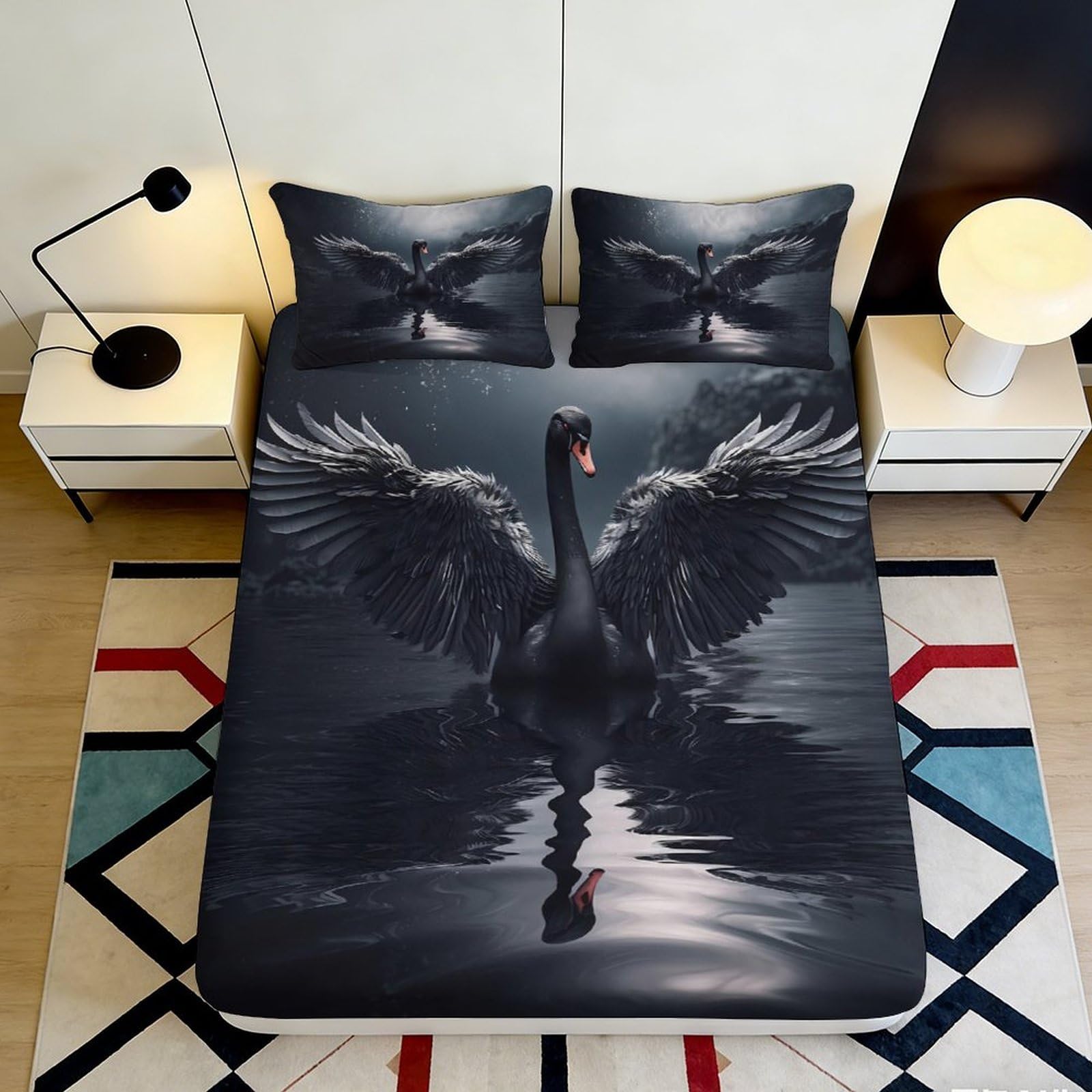3D Printed Black Swan Fitted Sheet Microfiber Deep Pocket Non-Slip for Adults Bedroom Bedding Black Swan Mattress Fitted Cover Washable 200x200x25cm 90x200x25cm