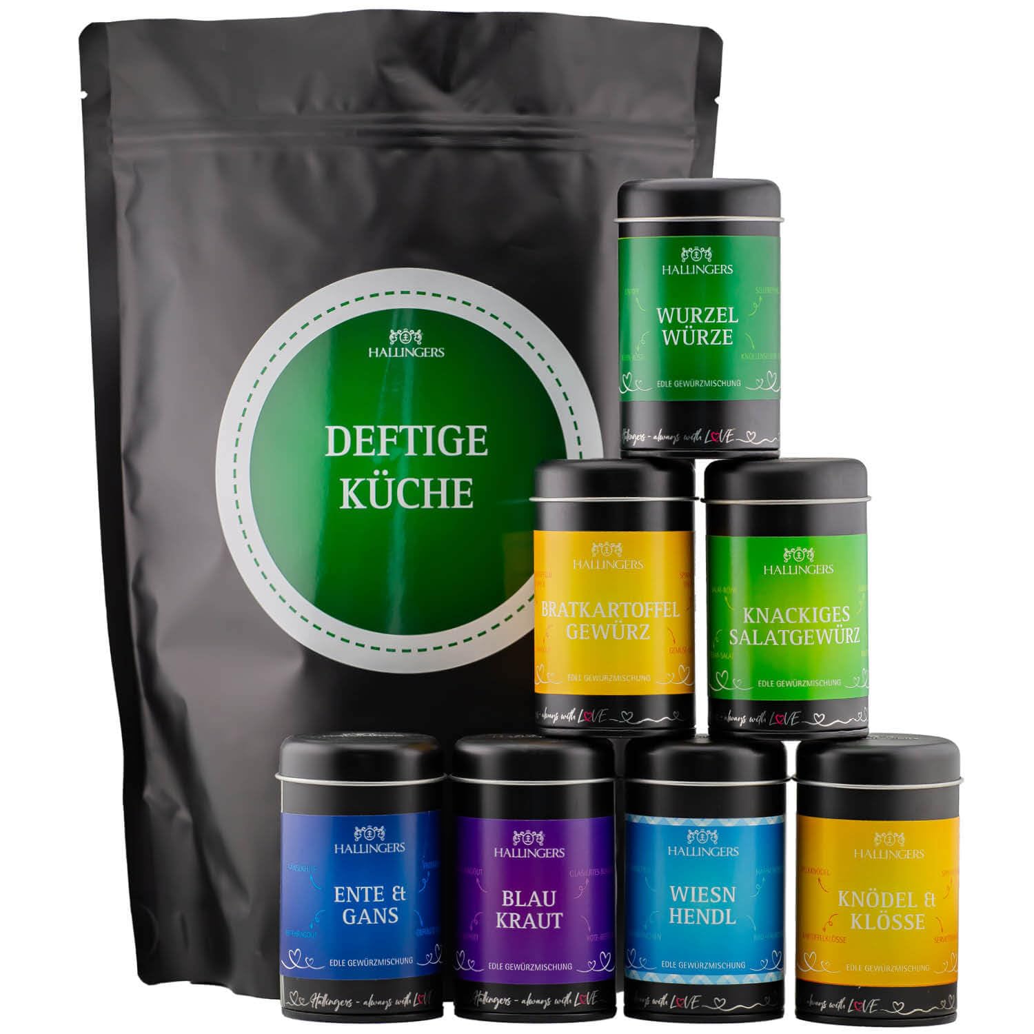 Hallingers Genuss Manufaktur Gewürz Geschenk-Set - Selektion unserer Besteller als Probierset in edlen Aromadosen & Tragetasche "Deftige Küche", Geschenkidee für Frauen Männer