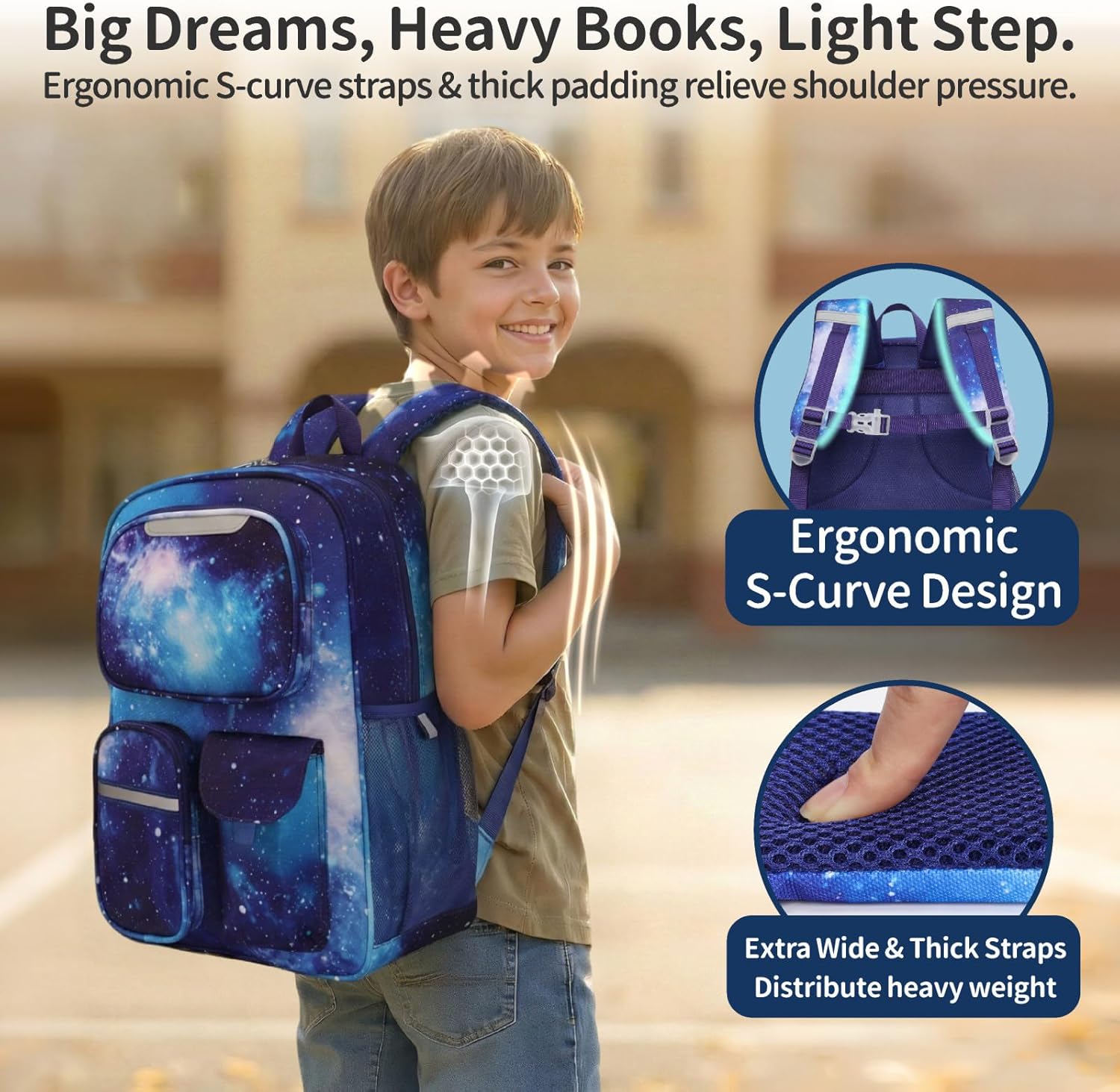 Kids Backpack for Boys - 17 Inch Elementary School Bookbag for Grades 3-5, with 3 Front Organizer Pockets & Reflective Safety Strips, Large School Daypack Fits Binders & Laptop, Blue Galaxy
