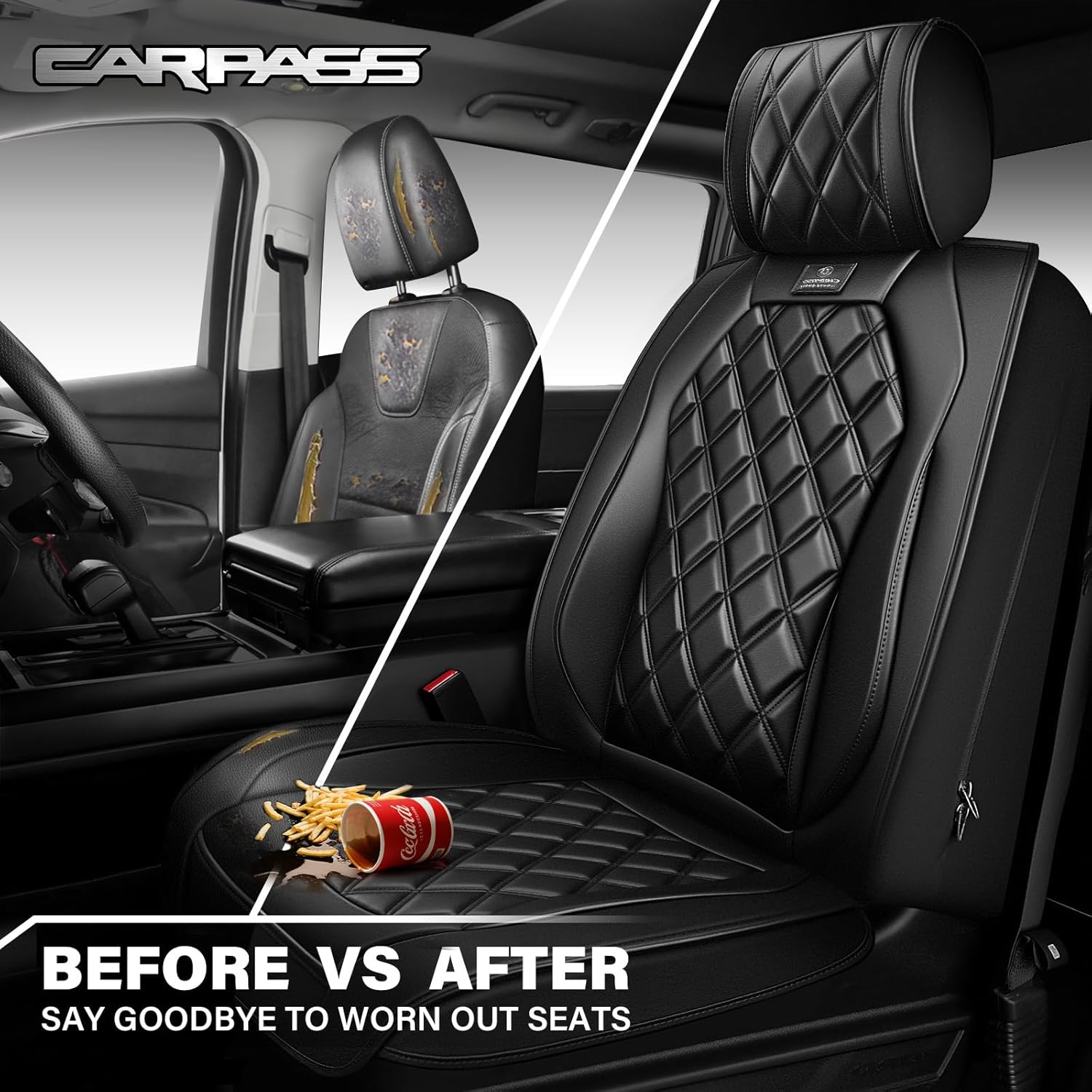 CAR PASS Luxury Nappa Leather Front Seat Covers, Waterproof Lumbar Support Seat Covers, Universal Anti Slip Seat Cushion Fit for Most Sedan SUV Truck Van, Armrest Airbag Compatible Rhomb Pure Black