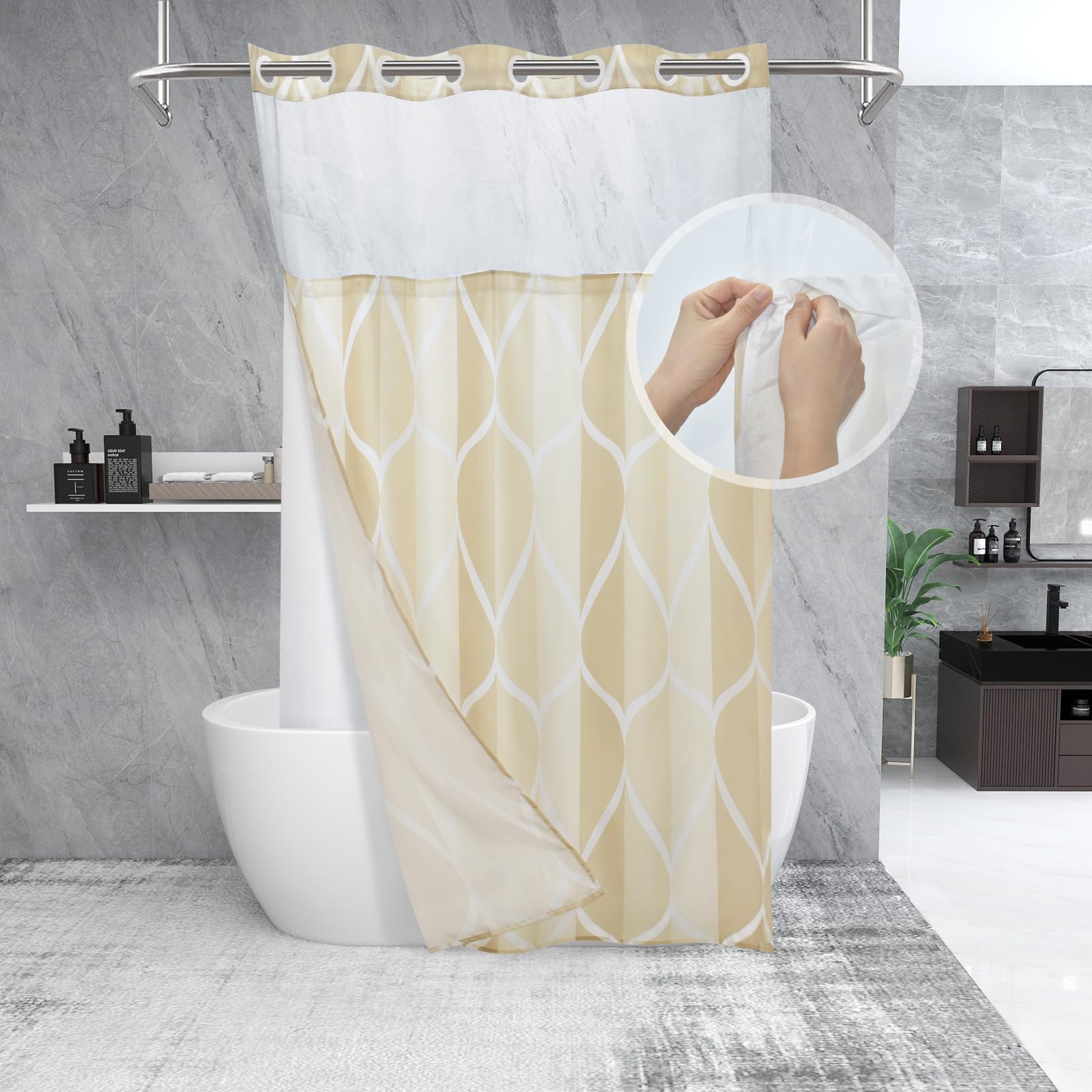 Yiatn Duschvorhang ohne Haken, Stallgröße, mit Stoffeinsatz, Hotel-Stil mit durchsichtigem Netzfenster, modernes geometrisches Wassertropfen-Design, wasserdicht und waschbar, 137 x 203 cm,