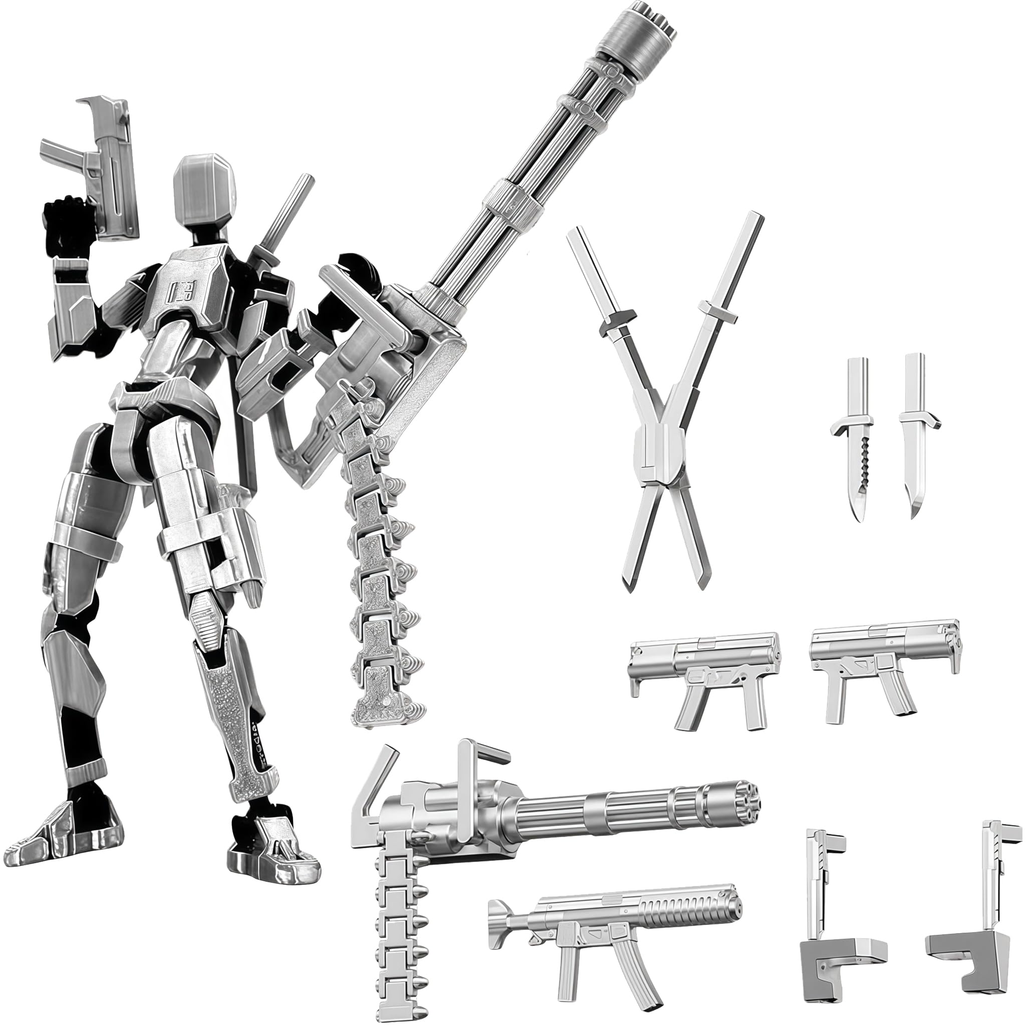WORUIB T13 Action Figure, Silver Gatling Soldier, 3D Printed Jointed Figure