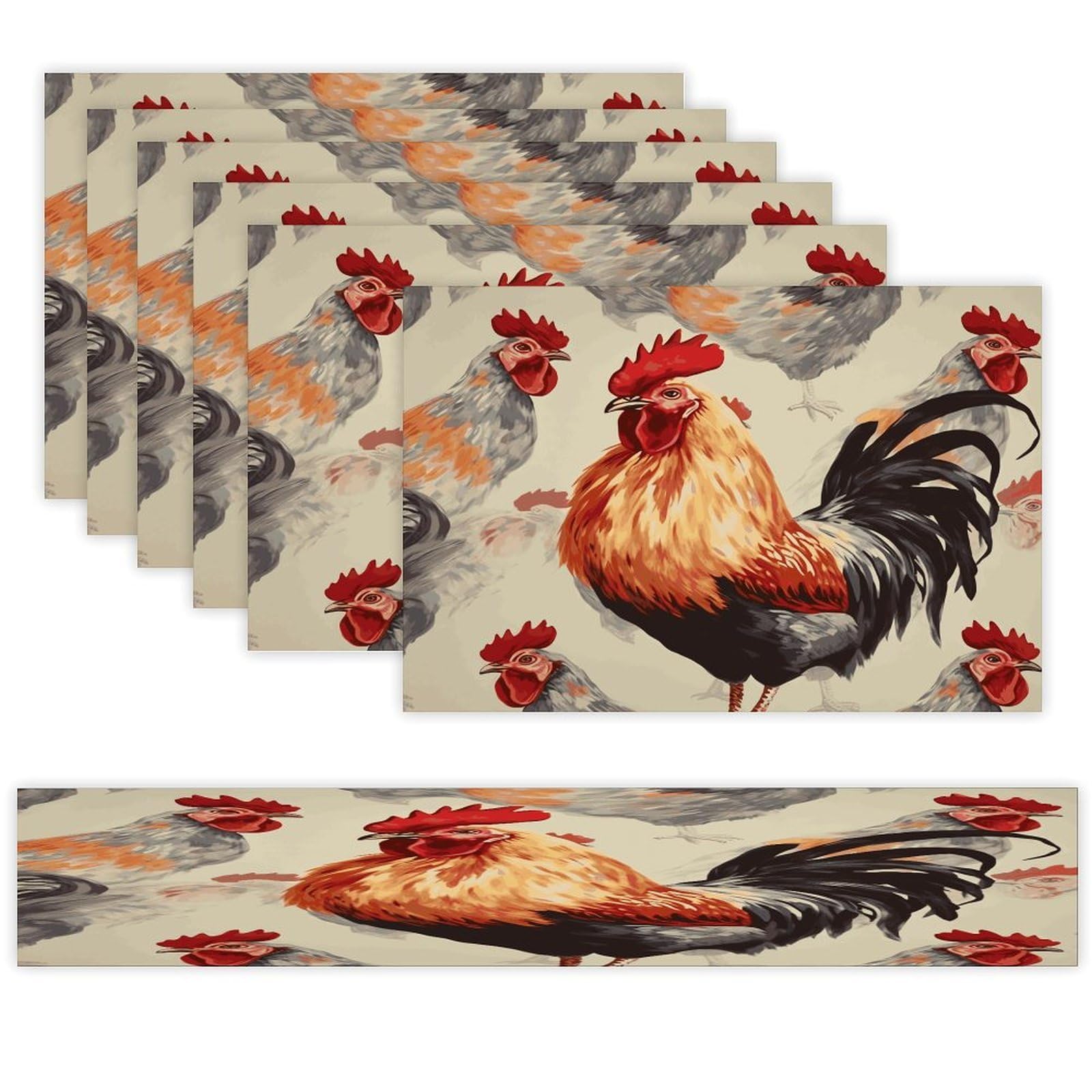 Animal Art Chicken Painting Table Runner and Placemats Set of 6 Wipe Clean Heat Resistant Table Mat with Table Runner Decorations Flax Linen Place Mat Set for Home Kitchen Party Supplies