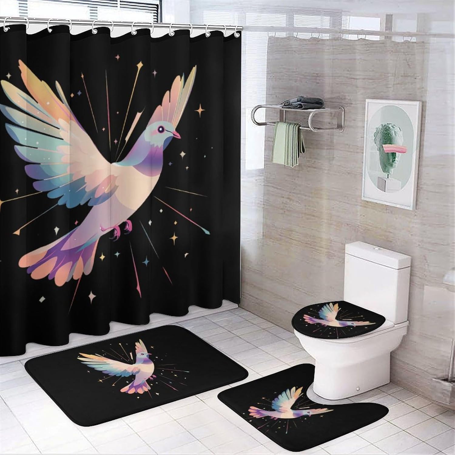 Pigeon Doves of Hope Bathroom Sets with Shower Curtain and Rugs 4 Piece with U-Shaped Floor Mat Toilet Lid Cover