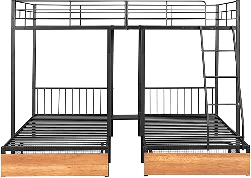 Miniatura 85 de Litera triple de madera maciza con cajones de almacenamiento y escalera, base de litera resistente con barandillas de protección para niños y