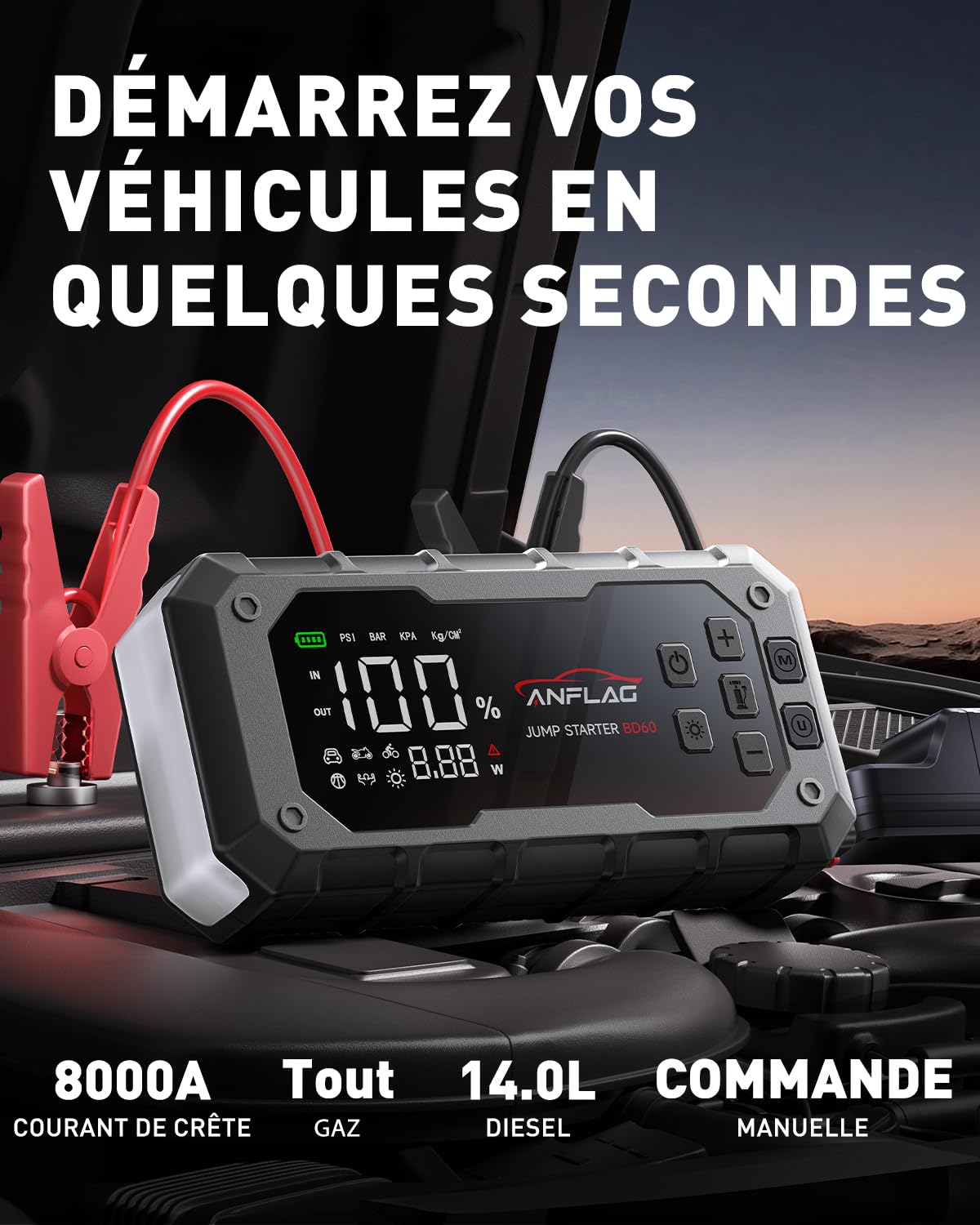 8000A Booster Batterie Voiture avec Gonfleur 160PSI, 26800mAh Démarreur Batterie avec PD65W Charge Rapide et LED, 12V Booster Voiture Puissant, Bloc d'alimentation avec compresseur