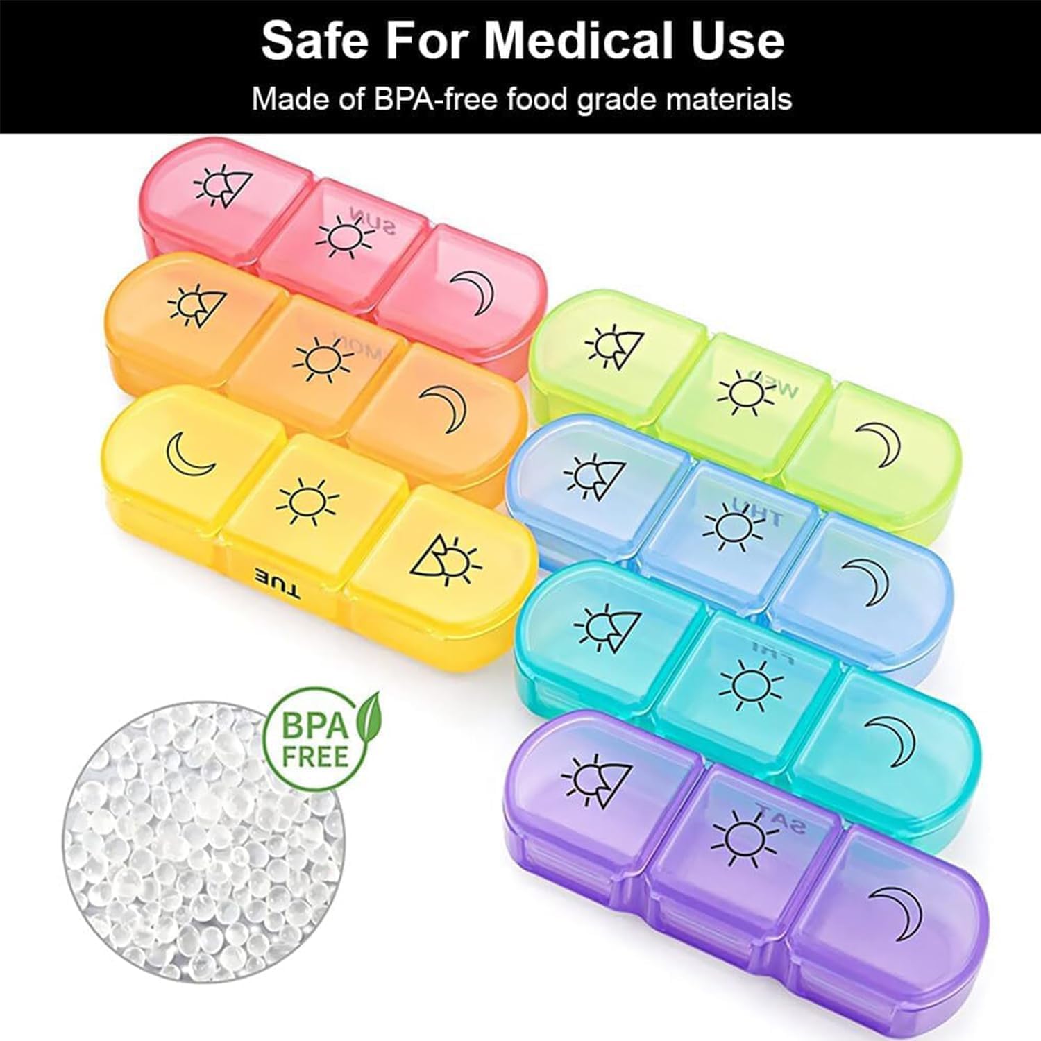 Friederich weekly pill organizer 3 times a day, portable travel pill box 7 day with large compartments moisture-proof pill case for vitamin, Medicine, pills (Medicine Organizer Box) (Multicolor) 2