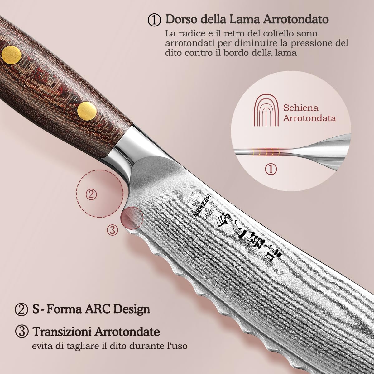 HEZHEN Damasco Coltelli da Pomodoro, 67 Strati di Acciaio Damasco Coltelli ad Alto Tenore di Carbonio, Lama Seghetta Coltelli per Frutta e Verdura, Full Tang Manico in Micarta