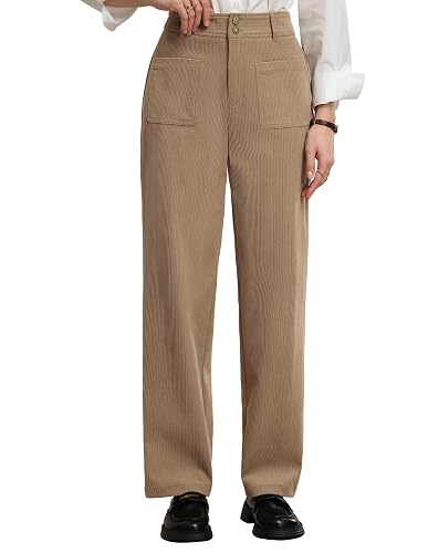 GRACE KARIN Dress Pants Women Work Business Pants, High Waist Straight Leg Corduroy Pants, with Pockets Khaki XL