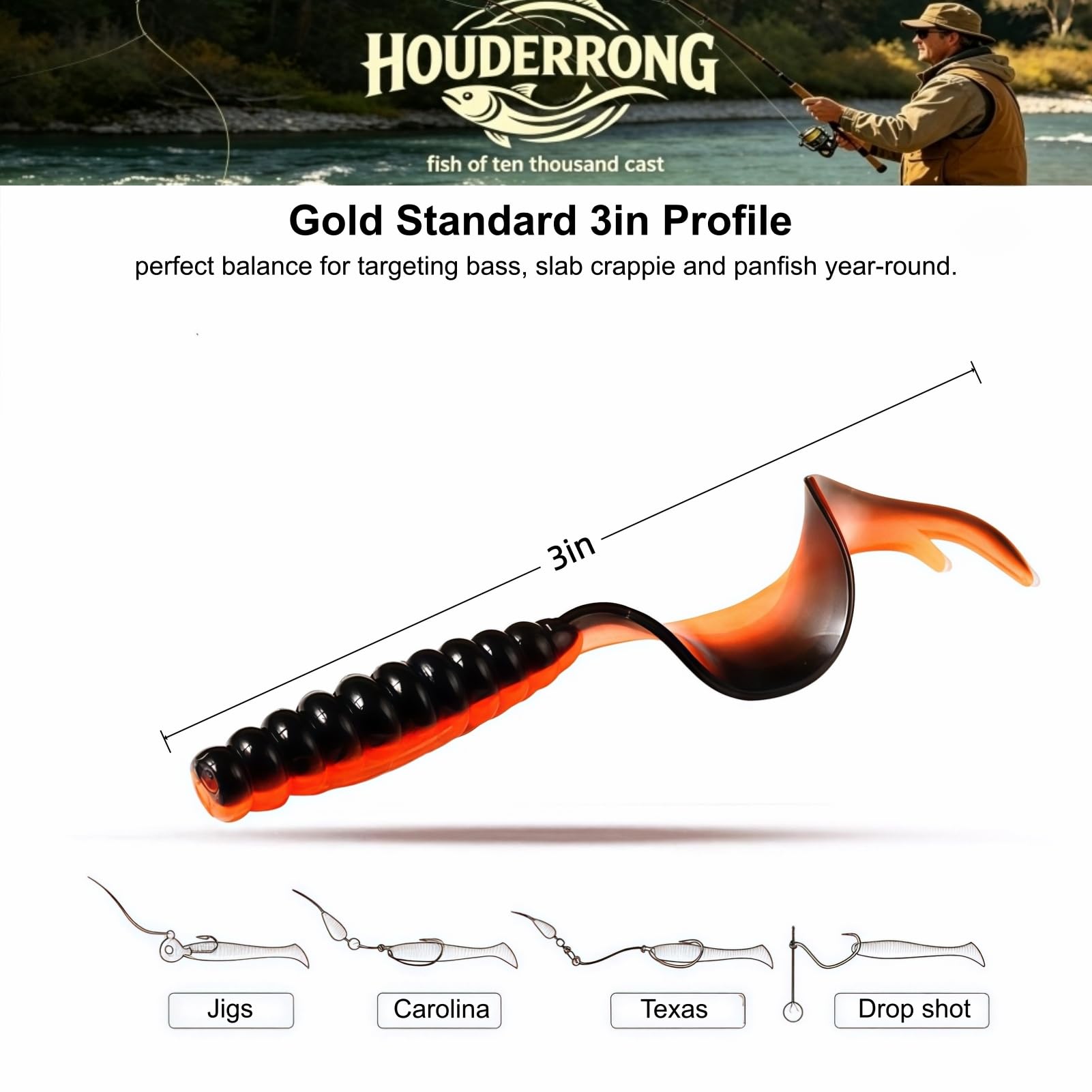 Lot de 90 leurres de pêche souples à queue bouclée de qualité supérieure - Assortiment de 6 couleurs pour bar, truite, crappie Bluegill - Disponible en 5,6 cm (90 pièces) / 7,6 cm (60 pièces) - Appâts