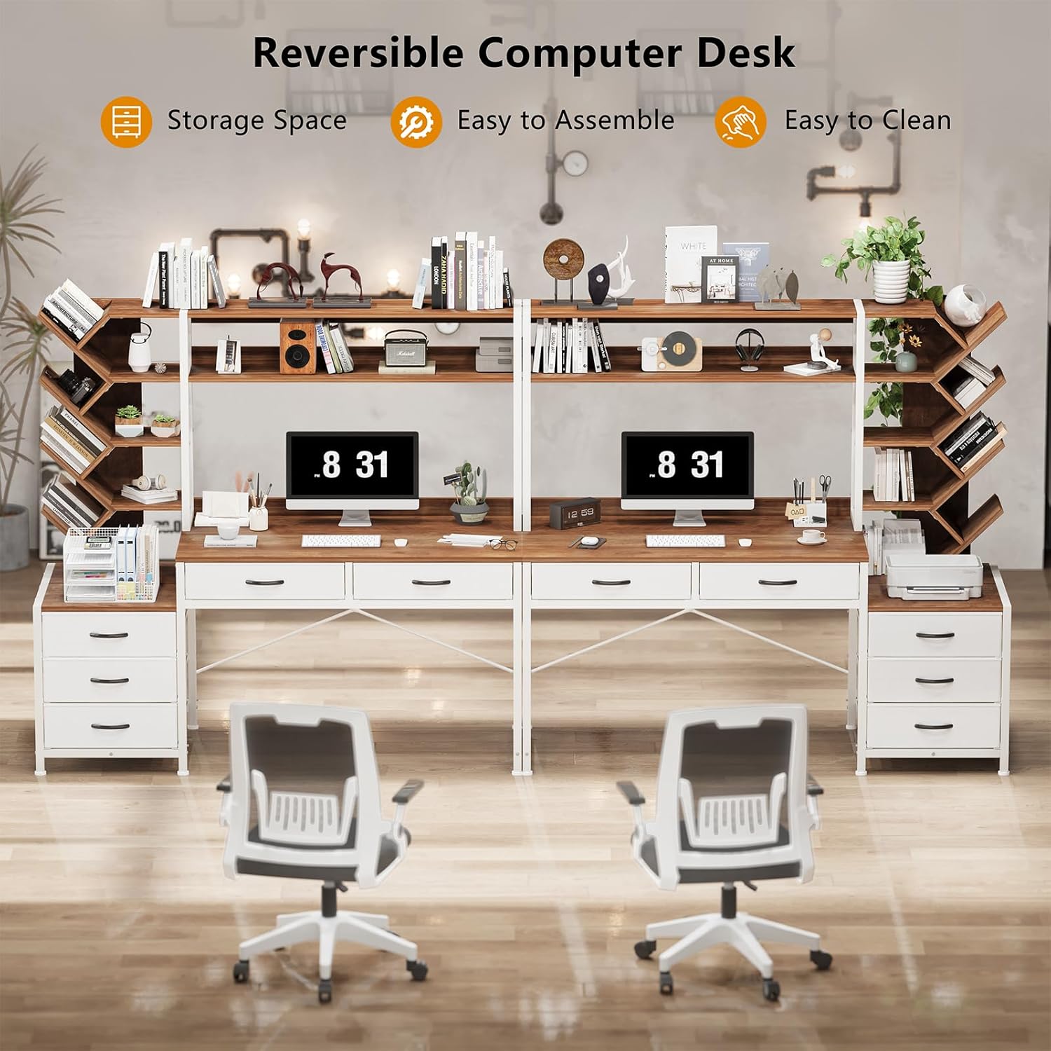 YOMILUVE Reversible Computer Desk with Hutch, Home Office Desk with 5 Drawers and Bookshelf, 52'' Study Writing Desk with Storage Shelves for Bedroom Home Office, Brown and White