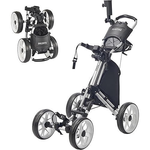 Golf Push Cart 4-Wheels,Folding Golf Cart, Golf Pull cart with Cup Holder,Umbrella Holder,Cooler Bag, Foldable with one-Click,Handle Height Adjustable,Drink Holder,Walking Push cart