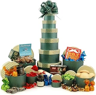 Christmas Treats Gift Tower - Green & Gold 6-Tier Tower with Chocolates, Cookies, Fudge & More - Christmas Hamper for Friends, Family or Corporate Clients