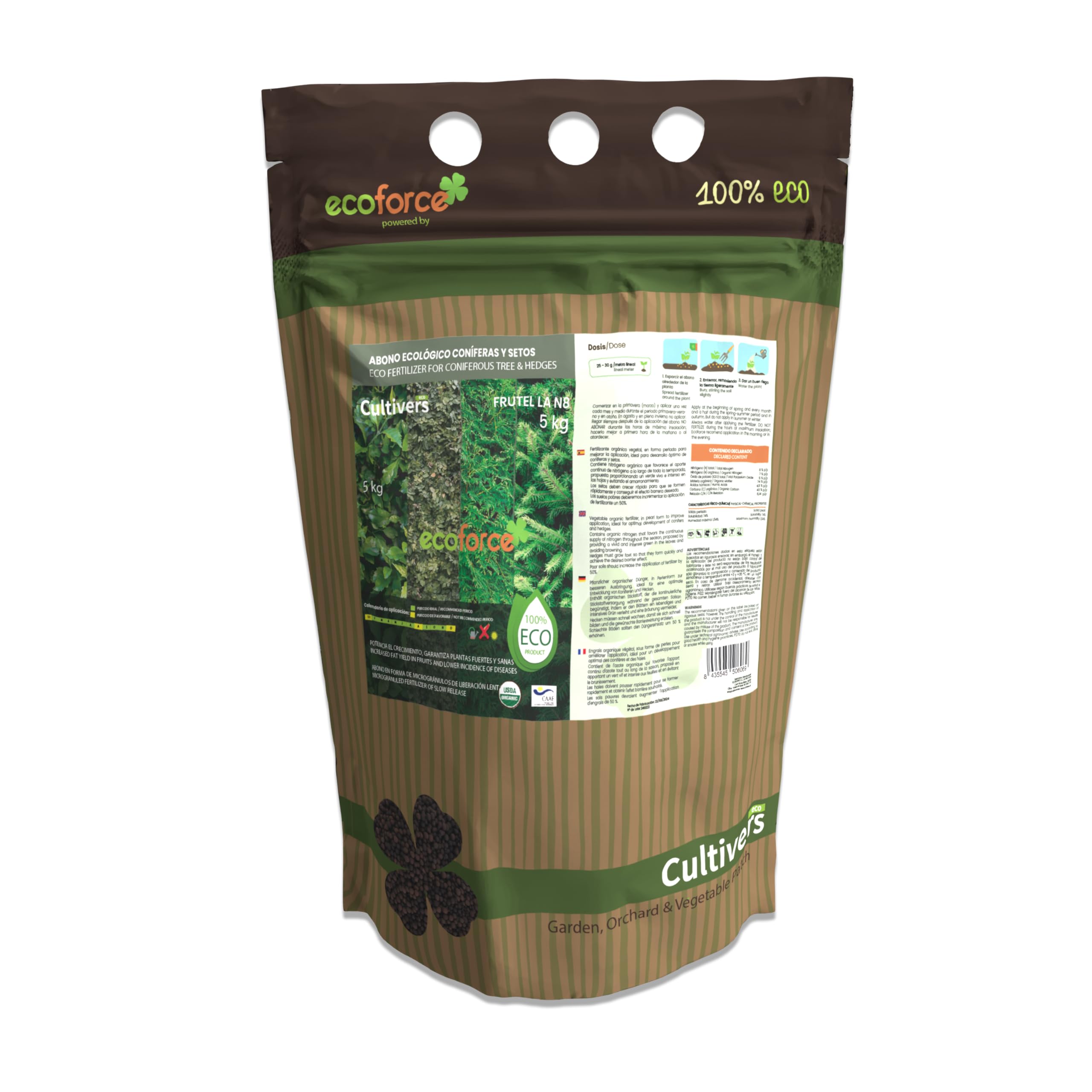 CULTIVERS Fertilizzante Ecologico per conifere e siepi da 5 kg (pini, abeti Rossi, cipressi e tuia). Fertilizzante di Origine Organica e Naturale al 100% con Alta concentrazione di NPK