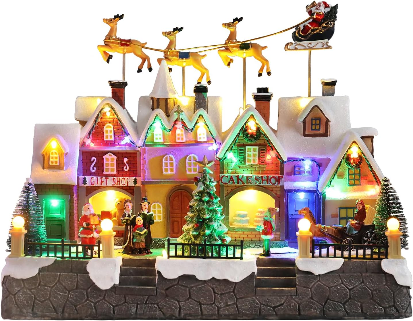 MUMTOP Christmas Village House with Flying Reindeer, Light Up Animated Town Building with Santa Sleigh for Indoor Holiday Xmas Tabletop Decor