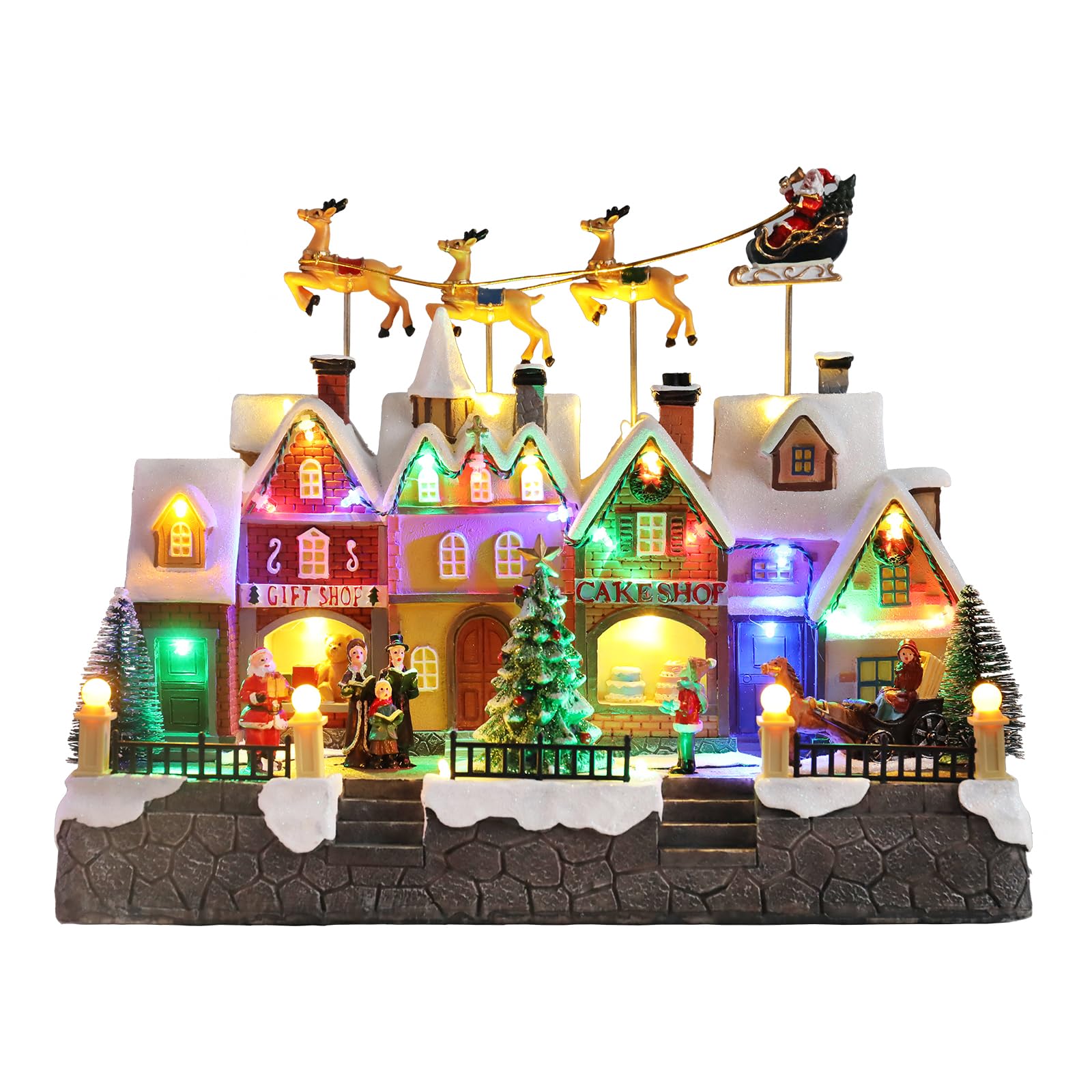 Maison de village de Noël avec renne volant et traîneau animé MUMTOP