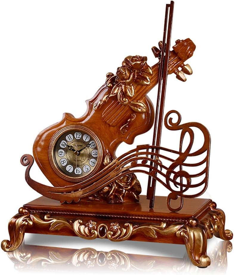 Retro Creative Mantel/Mantle Clock Rhythm Resin Violin Desk Clocks Decoration (Color : Woody Color)