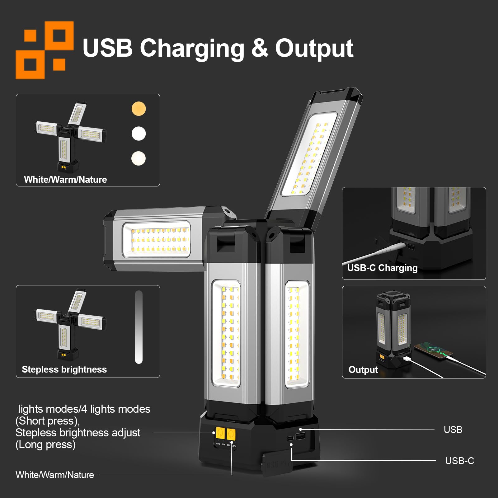 Foco Led Recargable de Aluminio de 13200 mAh con Trípode Plegable y Bolsa de Transporte, Luz Portatil de 8000 Lúmenes, para Emergencias, Campamentos, Vehículos Recreativos, Senderismo (Estándar)