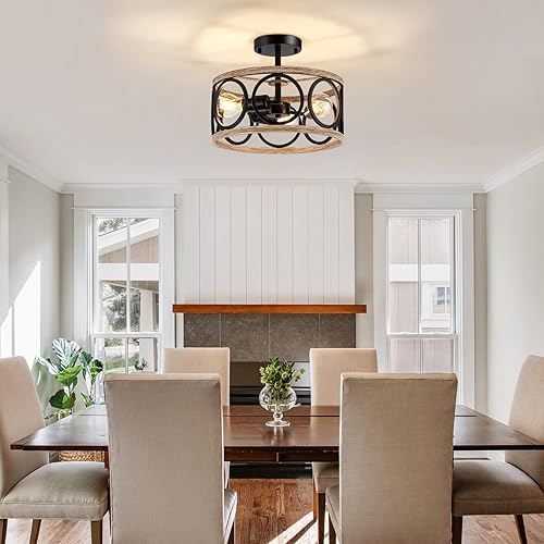 Miniatura 9 de Candelabros de techo semiempotrados de 12.6 pulgadas, 3 luces de granja para comedor, lámpara de tambor moderna de roble cerca del techo para