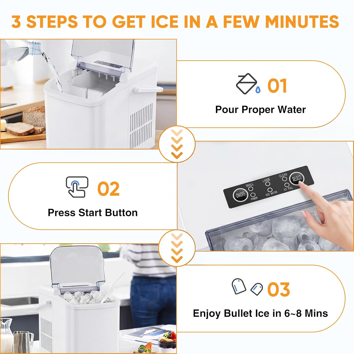 Ice Makers Countertop, Portable Ice Machine with Handle, 6 Mins 9 Bullet Ice Cubes with Basket and Scoop, 26lbs in 24Hrs, Auto-Cleaning, for Home, Kitchen, RV, Camping, White