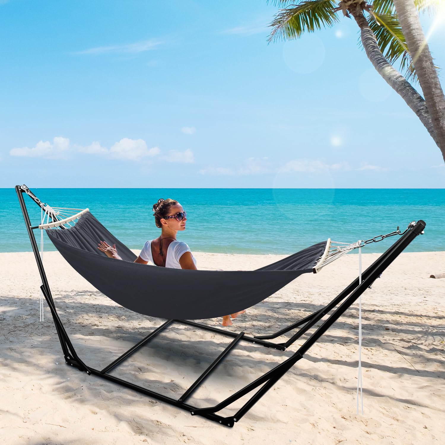 Hamac avec support, charge maximale 200 kg, pour 2 personnes, hamac d'extérieur pliable avec armature pour jardin, terrasse, balcon, avec sac de transport, structure en métal