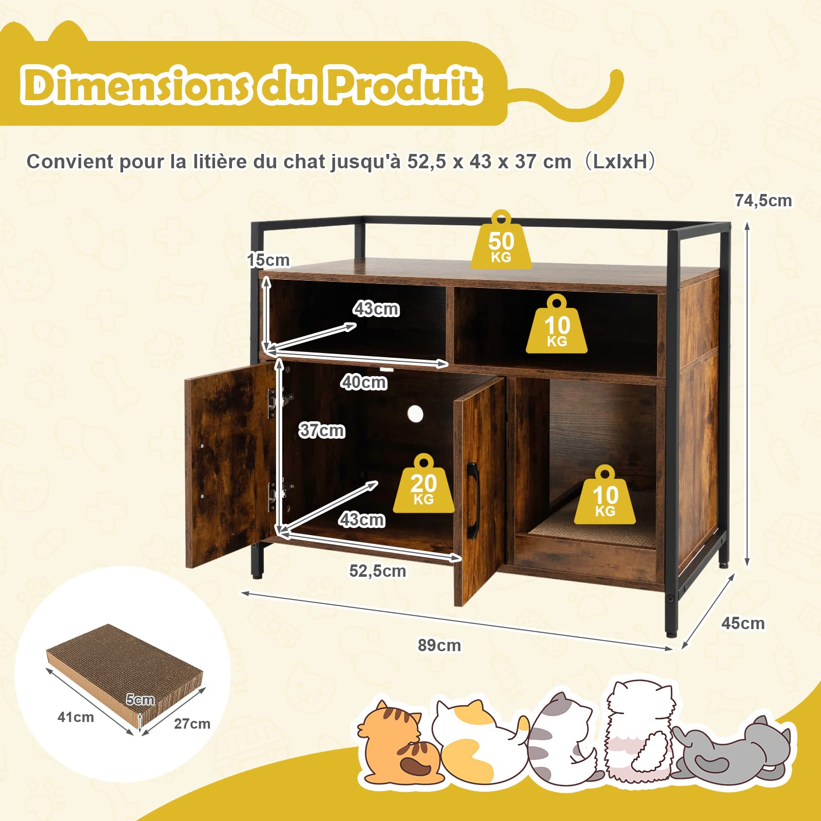 GYMAX Meuble Cache Litière Chat Grand en Bois, avec Griffoir Détachable, Maison de Toilette avec 2 Étagères Rangement Ouvertes, Maison Bon Ventilation et Anti-basculement pour Chat(Café)