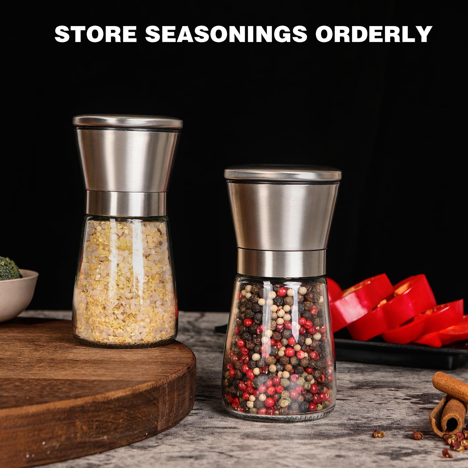 Salt and Pepper Grinder Set Refillable, Salt Pepper Grinder Shaker Stainless Steel Glass Pepper Mill with Adjustable Coarseness — Amazon image 6