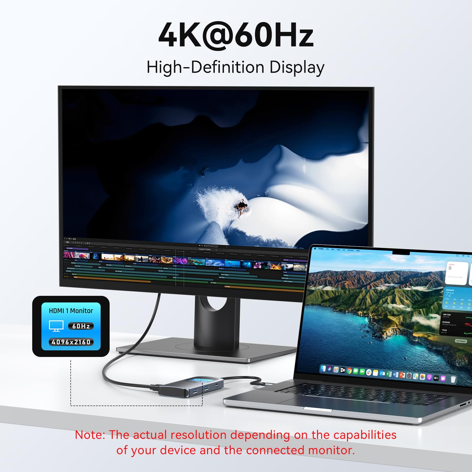 MOKiN USB C Hub 4K@60Hz, 7-in-1 USB C to HDMI Adapter with Smart LCD Display, 100W PD Charging, USB-C 3.0, 2x USB-A 3.0, SD/microSD Card Reader, USBC Multiport Adapter for MacBook/Dell/HP/Lenovo — view 5